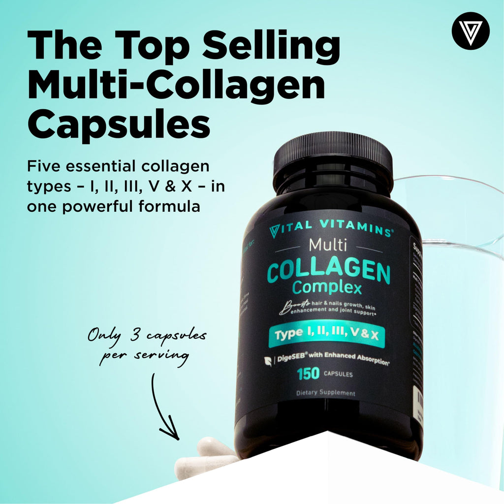 Vital Vitamins Multi Collagen Capsules by Old World Hub, grass-fed collagen peptides for men and women, 150 count bottle.