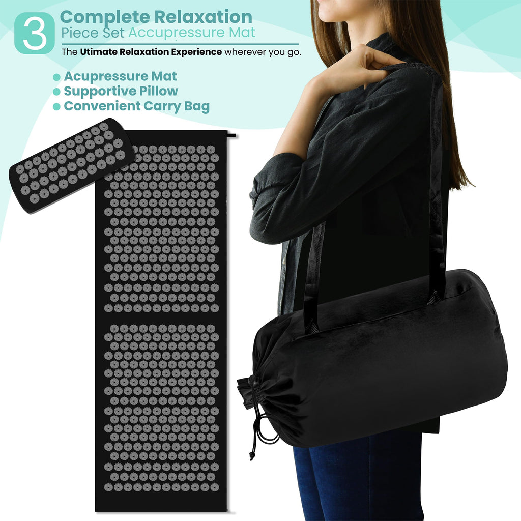Green Sivan acupressure mat and pillow set from Old World Hub for back, neck, and sciatic pain relief with textured surface.