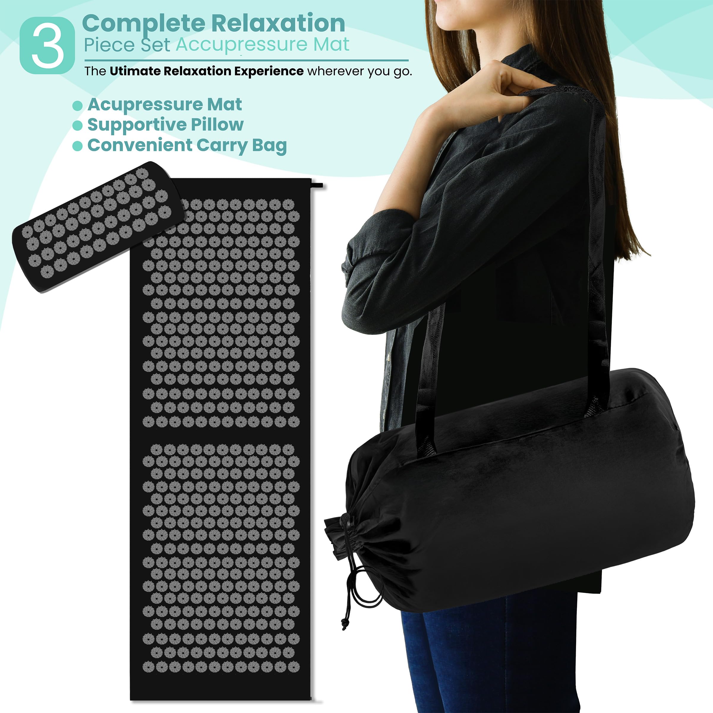 Green Sivan acupressure mat and pillow set from Old World Hub for back, neck, and sciatic pain relief with textured surface.