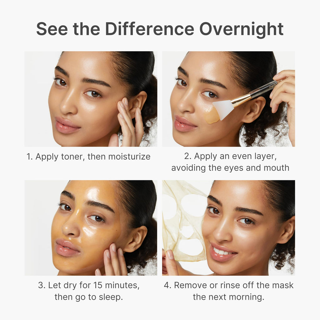 Medcube Wrapping Mask Collagen Overnight Facial Mask showing the jar with product label and application process on skin.