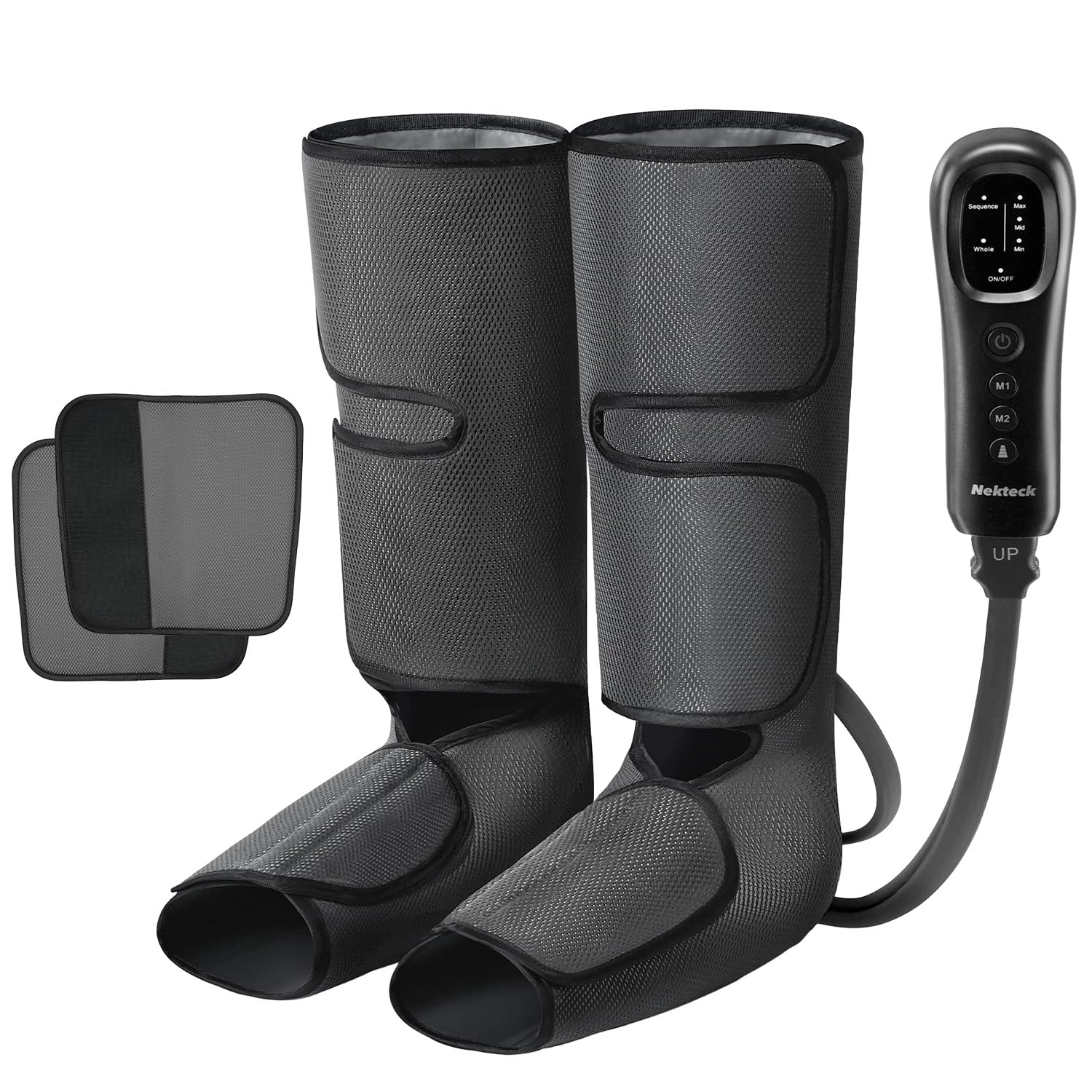 Old World Hub Nekteck leg compression massager with foot and calf wraps, hand-held controller, 2 modes, 3 intensities for circulation.