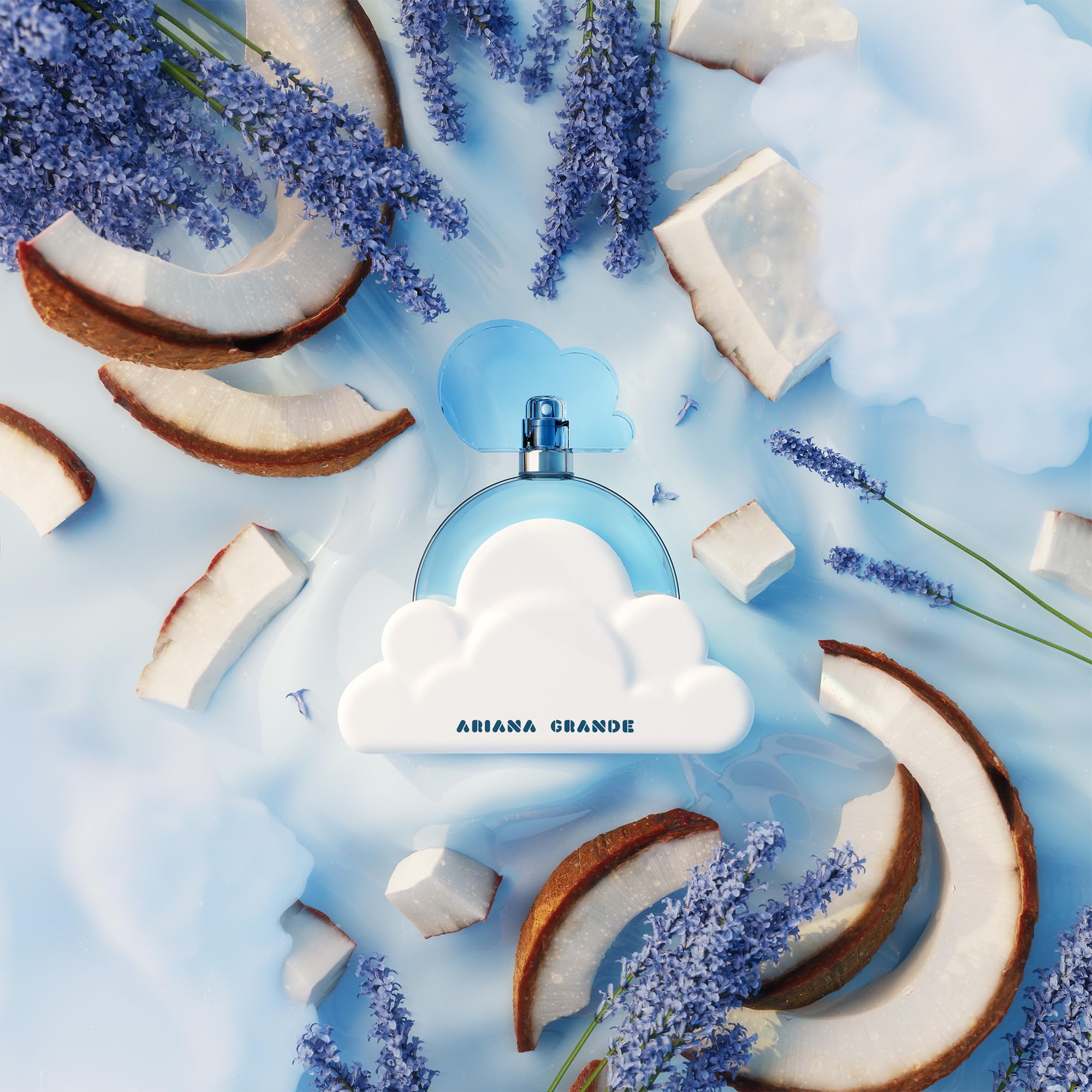 Ariana Grande Cloud Eau de Parfum bottle with lavender, coconut, vanilla, and pear notes, designed for women.