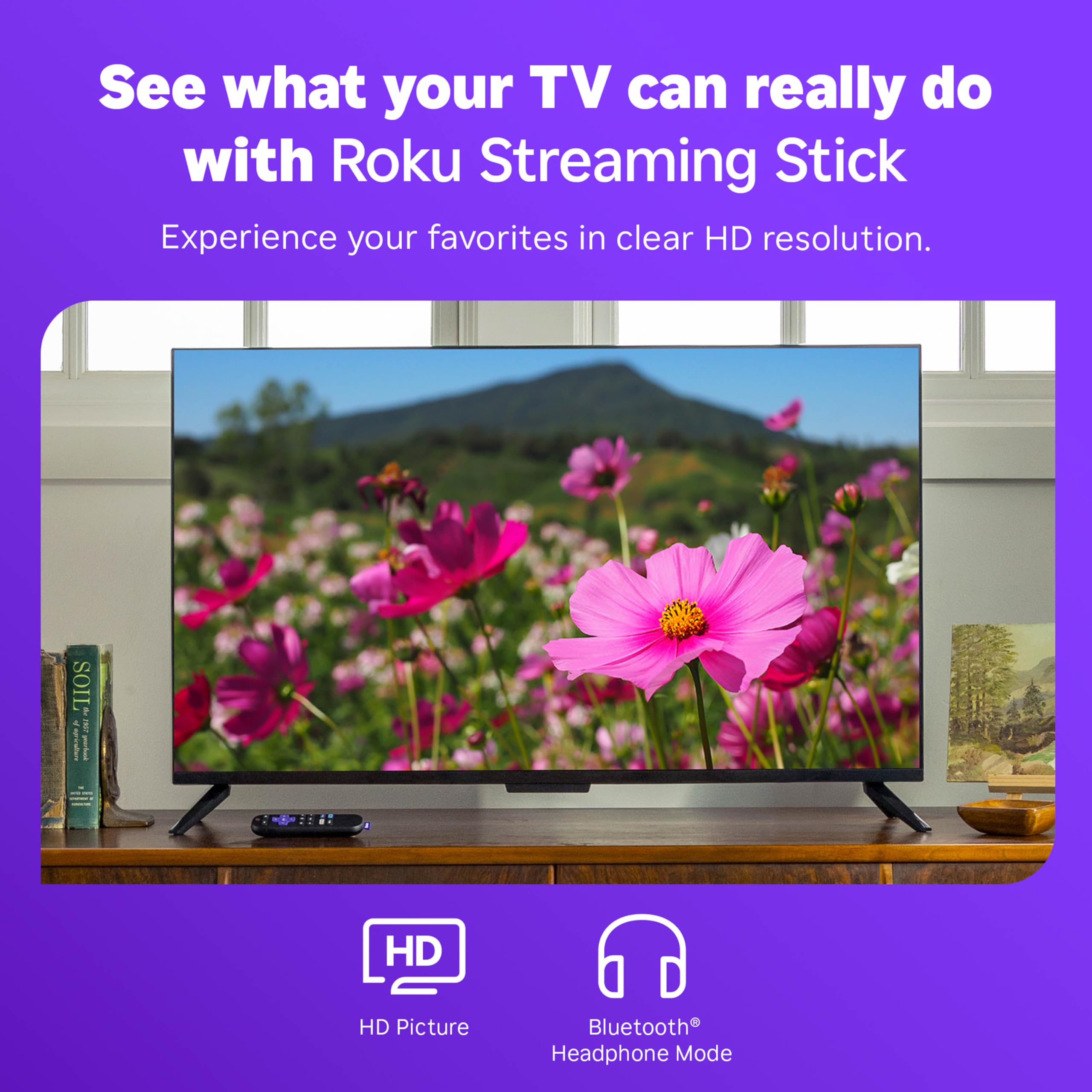 Old World Hub Roku Streaming Stick HD with voice remote, compact HD streaming device for TV with access to free and live TV channels.