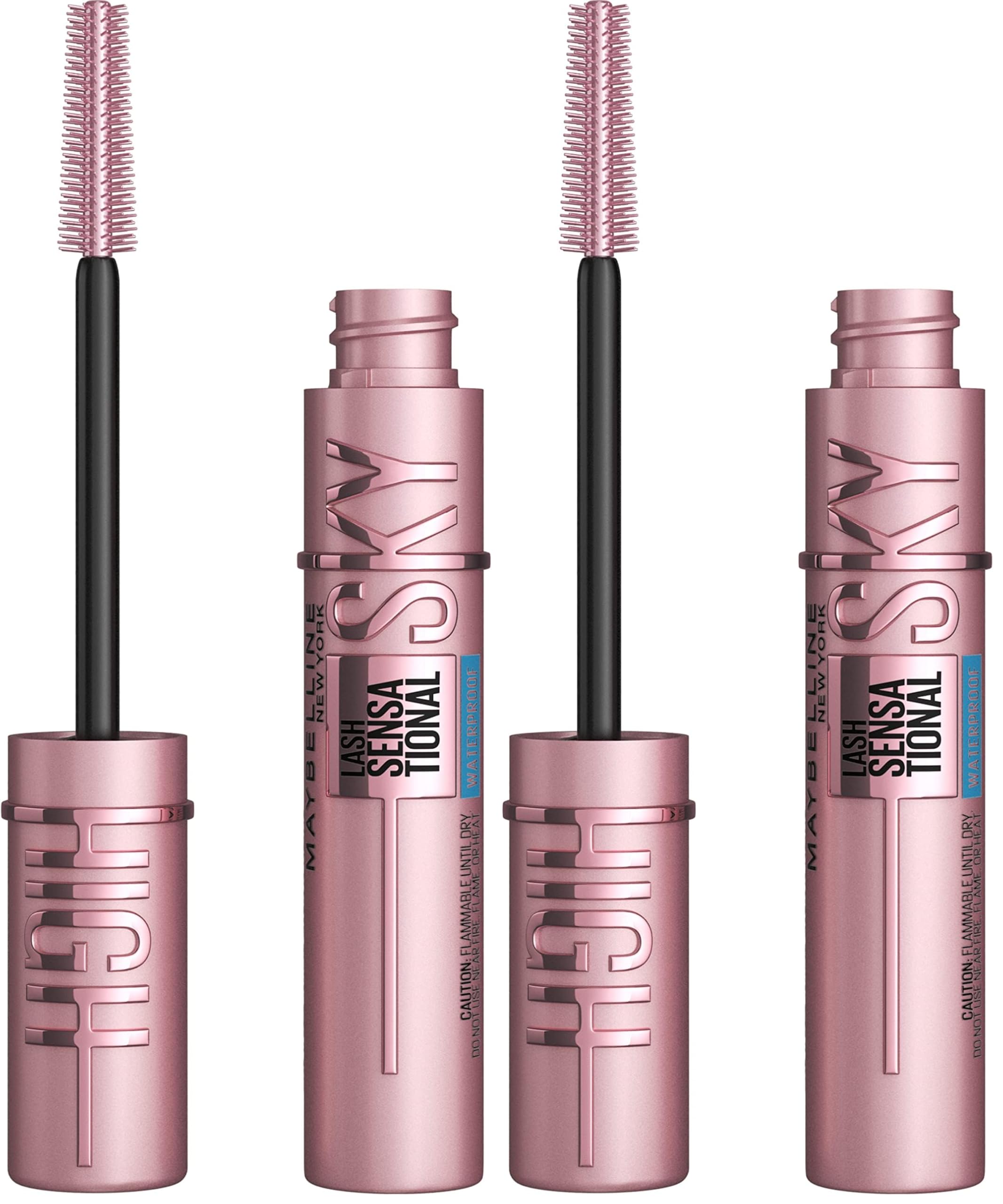 Maybelline Lash Sensational Sky High washable mascara showing black volumizing and lengthening brush applicator on a white background.