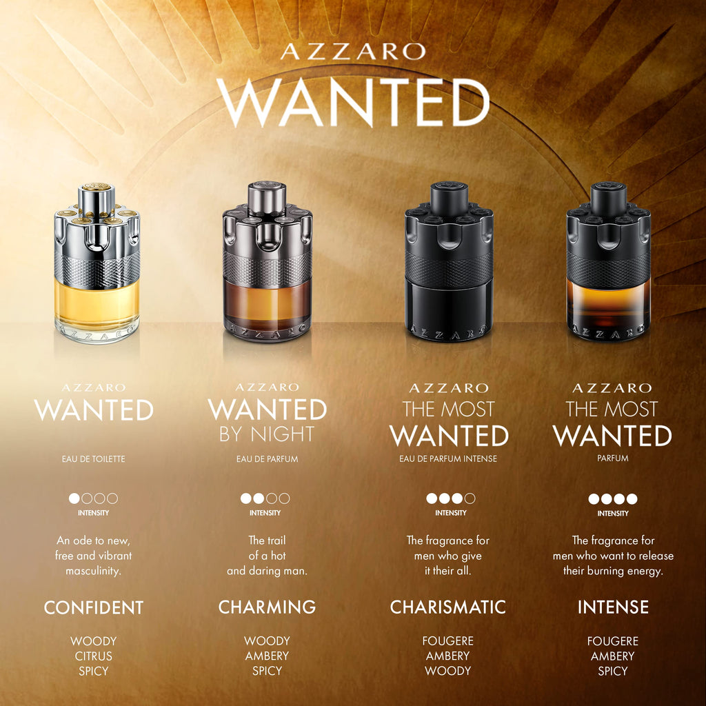 A bottle of Azzaro The Most Wanted Intense men's cologne with spicy, seductive scent and sleek packaging for date night.
