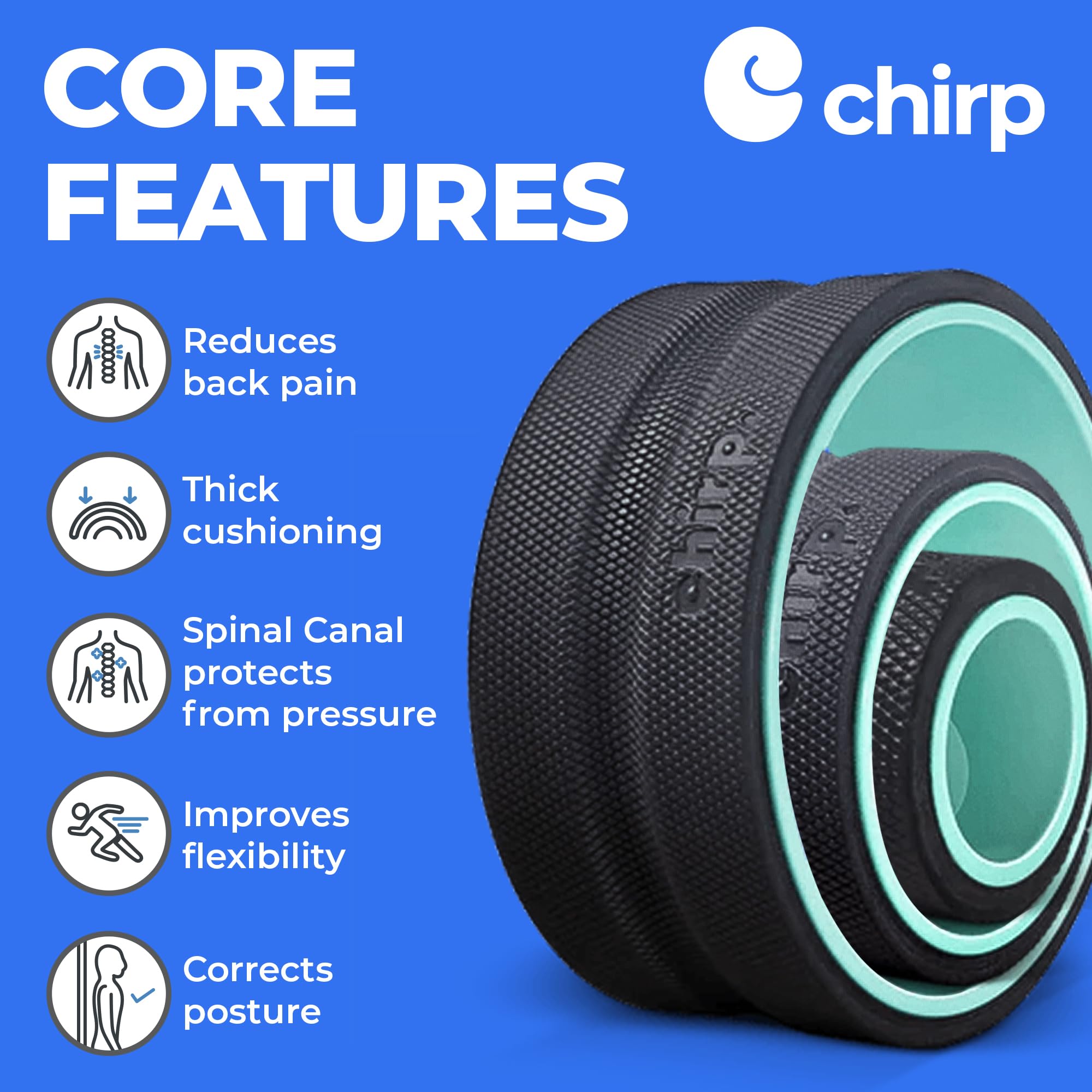 Mint Chirp Wheel foam roller by Old World Hub for back and neck pain relief, muscle massage, and stretching exercises.