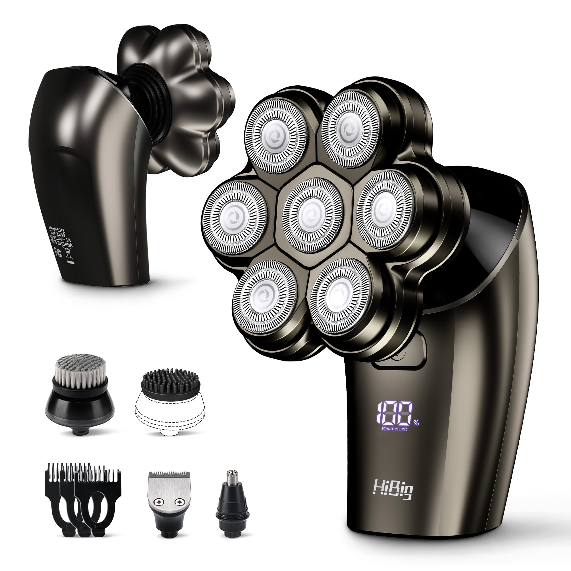 Old World Hub 7D Arc Electric Shaver for head and body, waterproof 5-in-1 razor with LED display and detachable heads in grey.