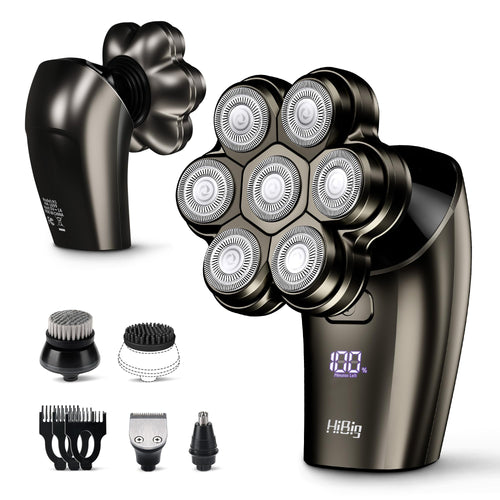 Old World Hub 7D Arc Electric Shaver for head and body, waterproof 5-in-1 razor with LED display and detachable heads in grey.