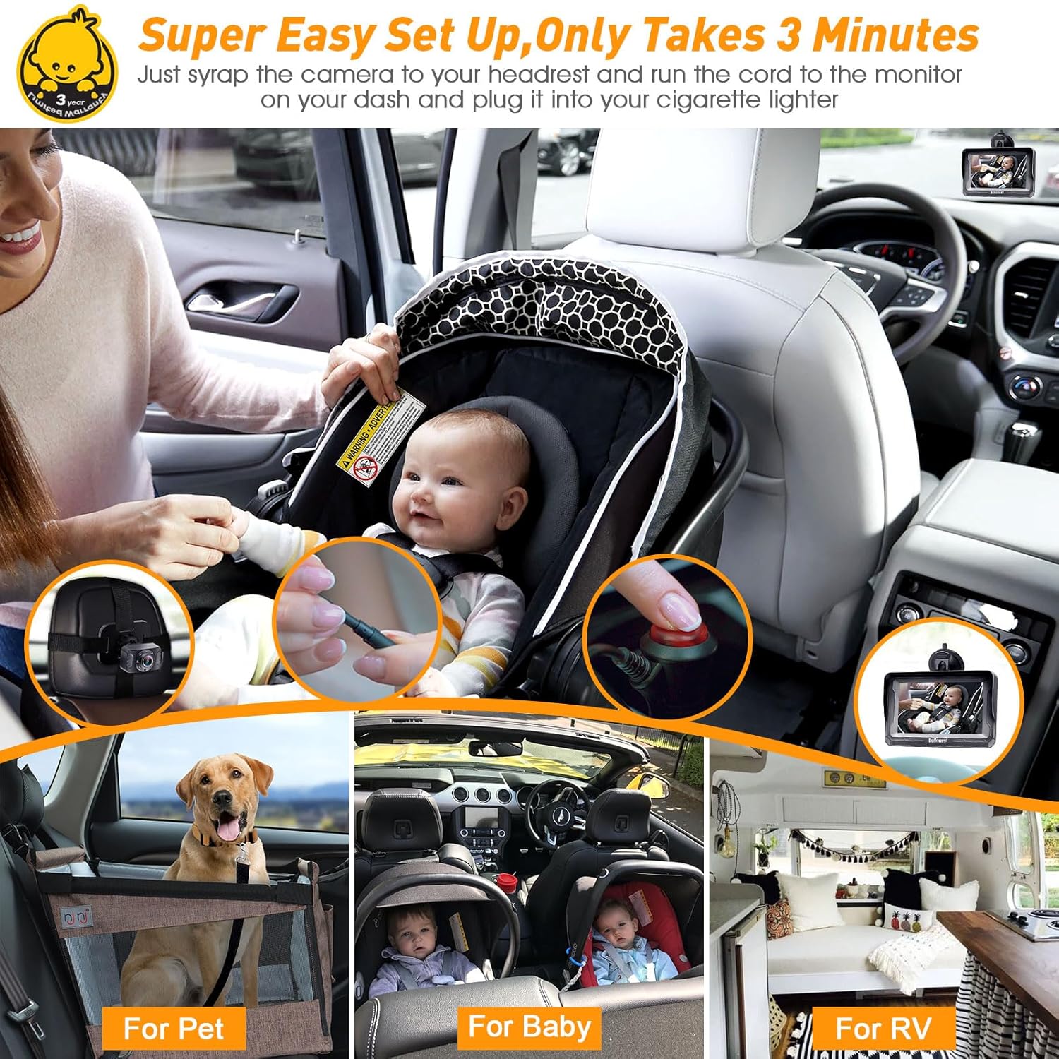 DoHonest Baby Car Camera HD 1080P rear-facing monitor with night vision, adjustable view angle, anti-glare display for kid safety