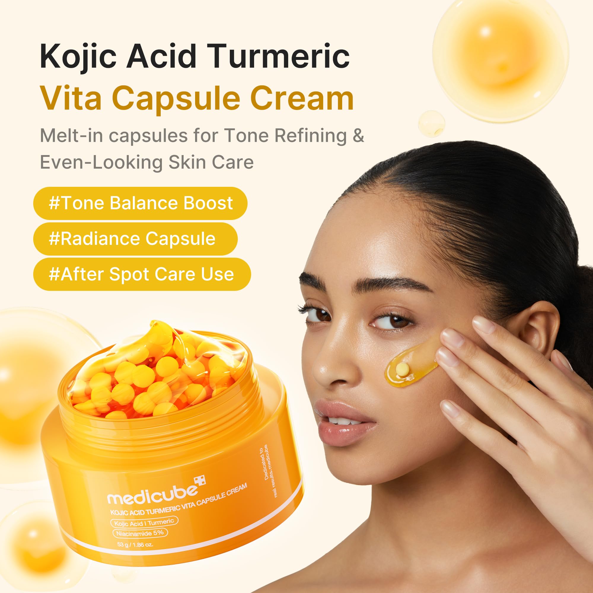 Old World Hub Medicube Capsule Cream with Deep Vitamin C, golden liposome capsules for radiant, firm, and hydrated skin.