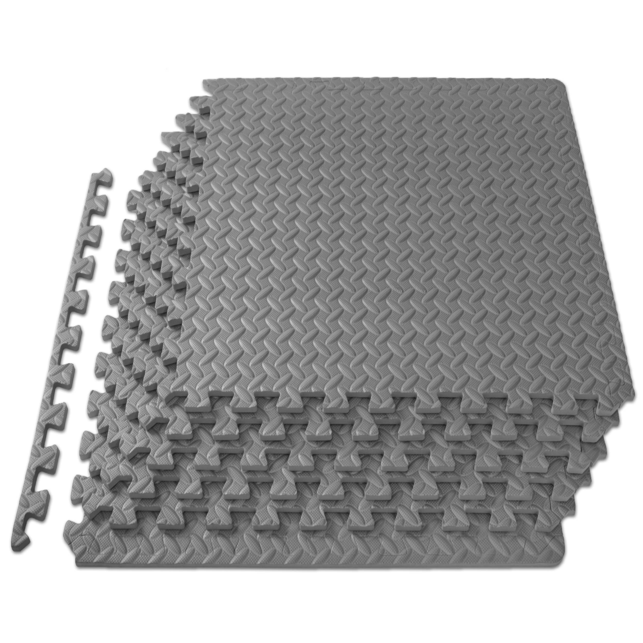 Black ProsourceFit puzzle exercise mat with interlocking EVA foam tiles, 24x24 inches, for home gym and workout floor padding