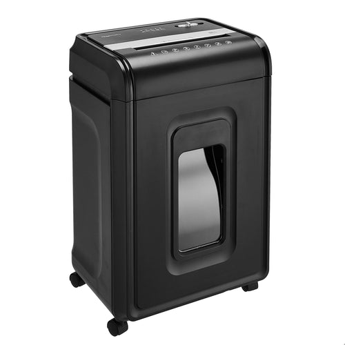 Old World Hub Amazon Basics high security cross cut shredder with auto shut-off in black, designed for paper and credit card shredding.