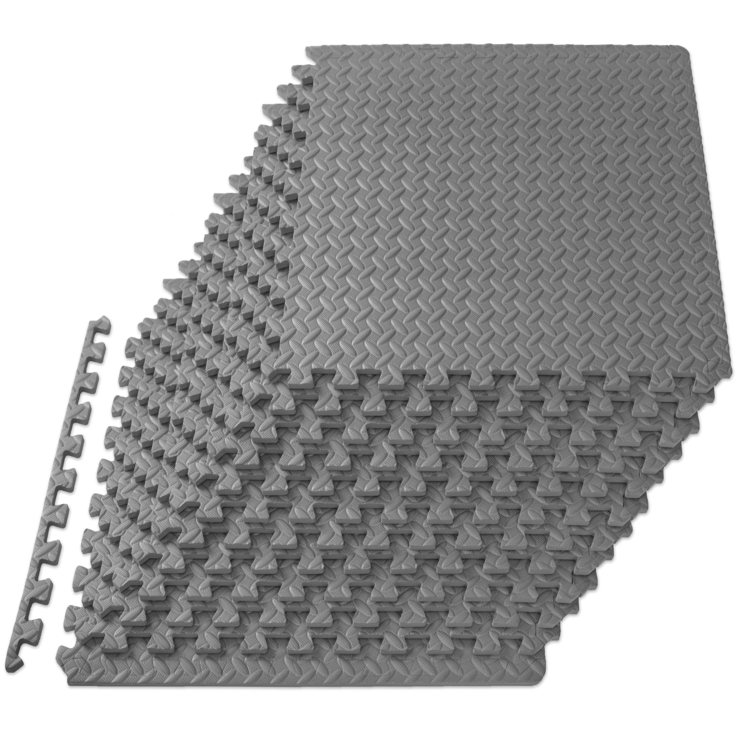 Black EVA interlocking puzzle exercise mat with foam tiles, 24x24 inches, for home gym and workout floor padding.