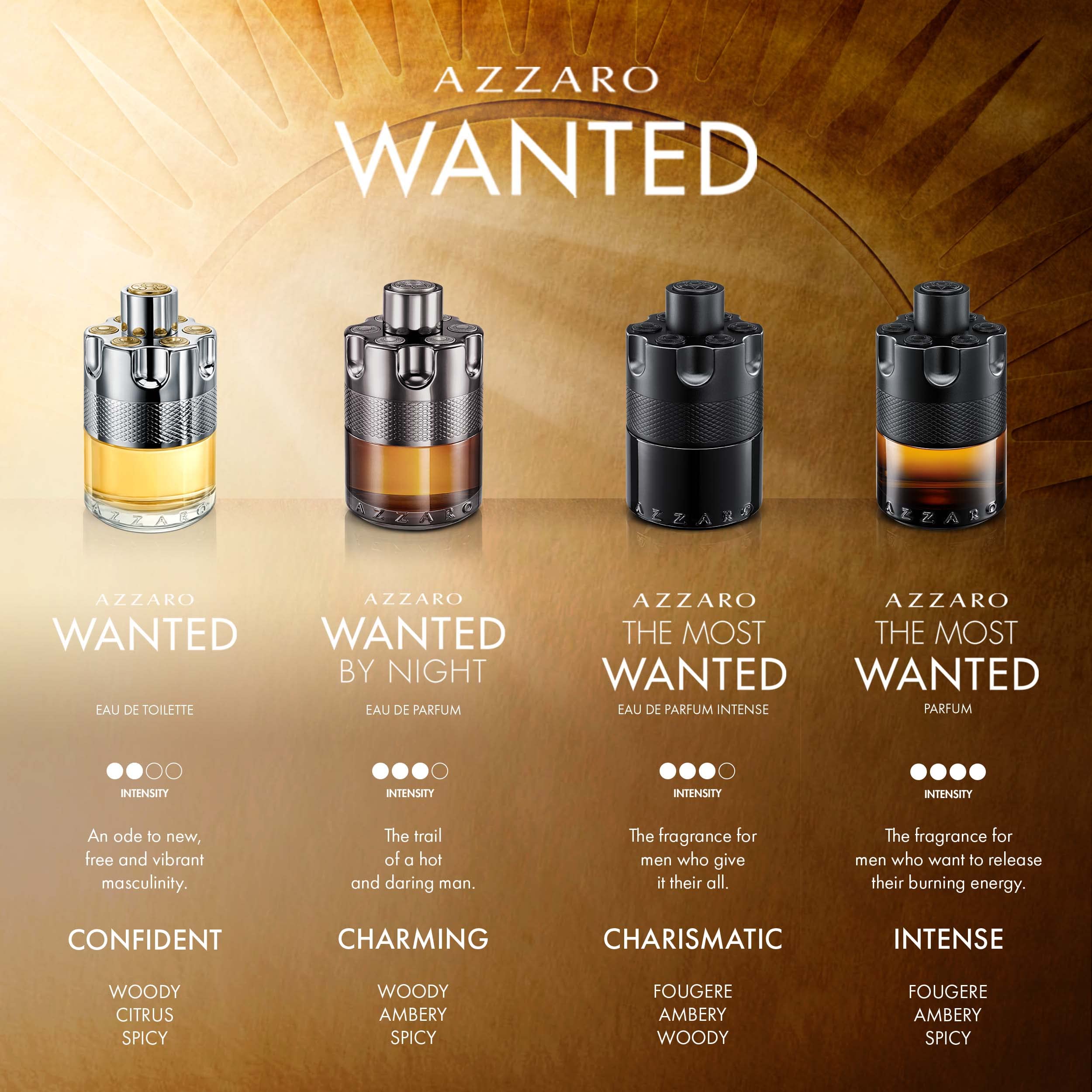 Azzaro The Most Wanted Intense men's cologne bottle with spicy, seductive fragrance for date night, showcasing luxurious perfume design.