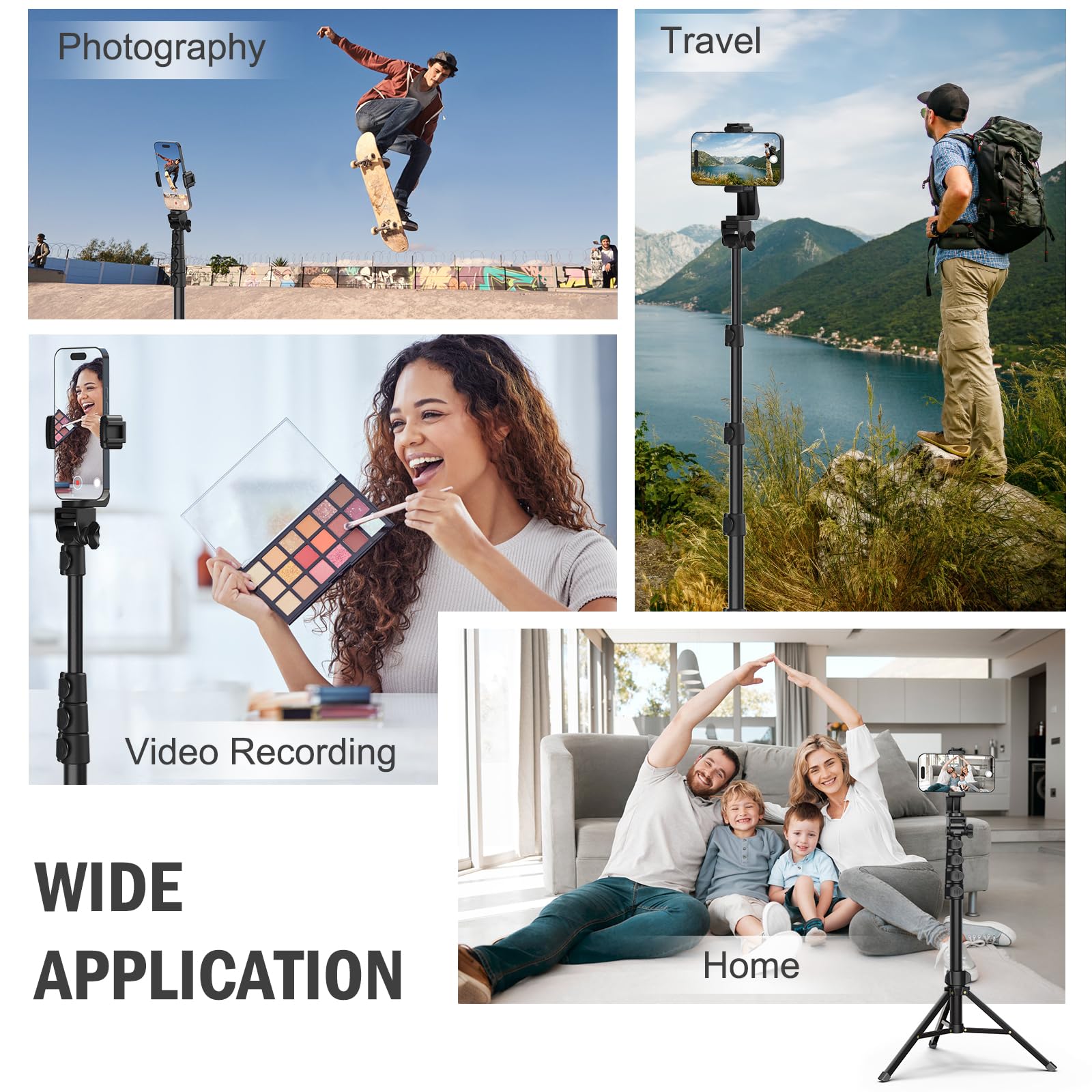 Liphisy 64-inch tripod for phone and camera with remote, adjustable height, phone holder, and sturdy build for stable video recording