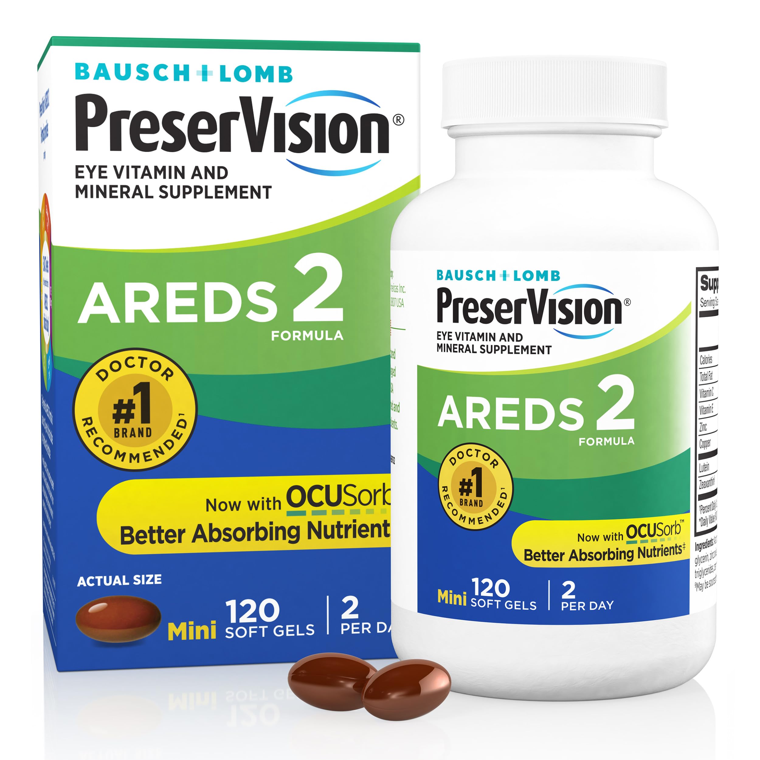 Old World Hub PreserVision AREDS 2 eye vitamins softgels with lutein, zeaxanthin, vitamins C and E, zinc, and copper for eye health.