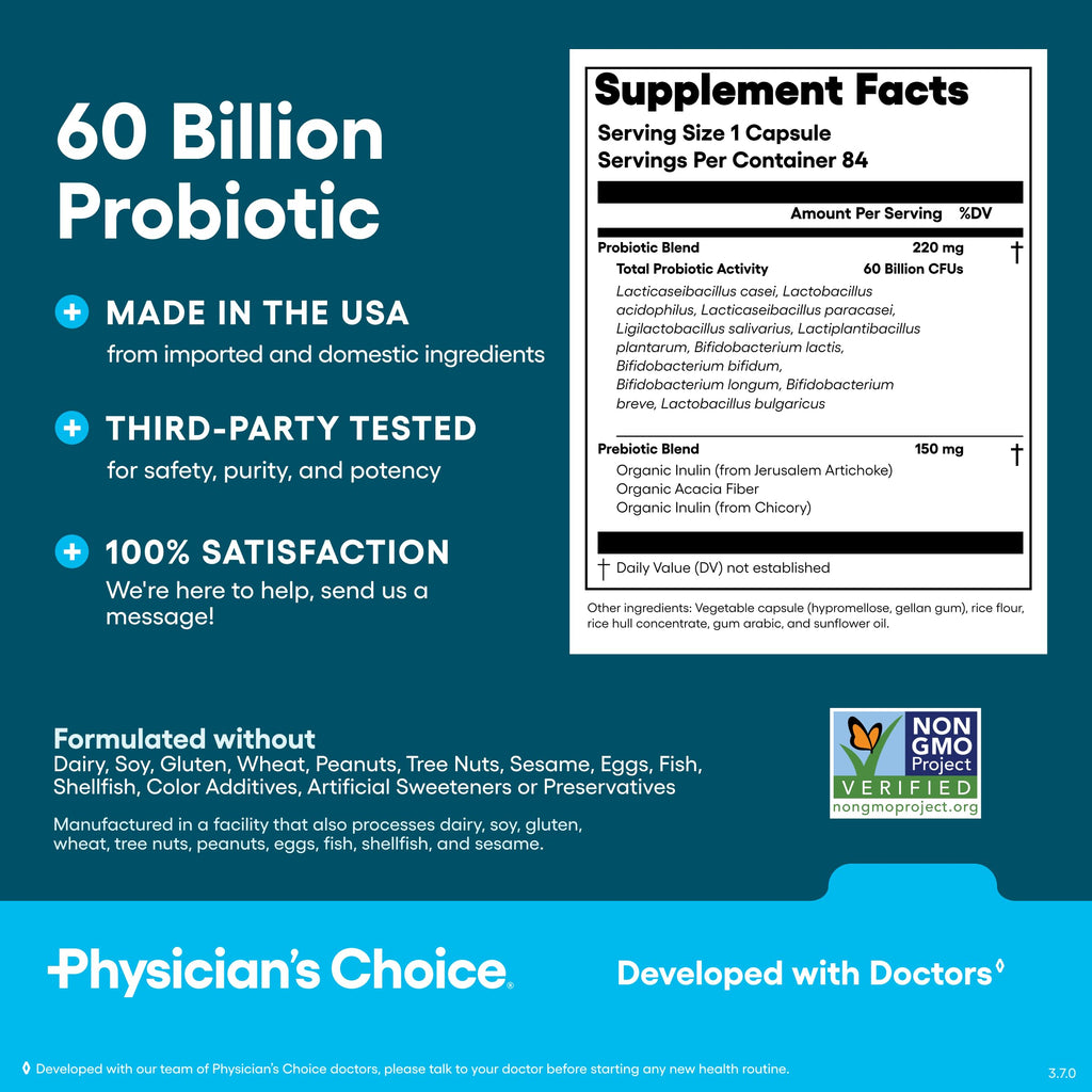 Physician's CHOICE Probiotics 60 Billion CFU supplement with 10 strains and organic prebiotics for gut and immune health, 30 capsules