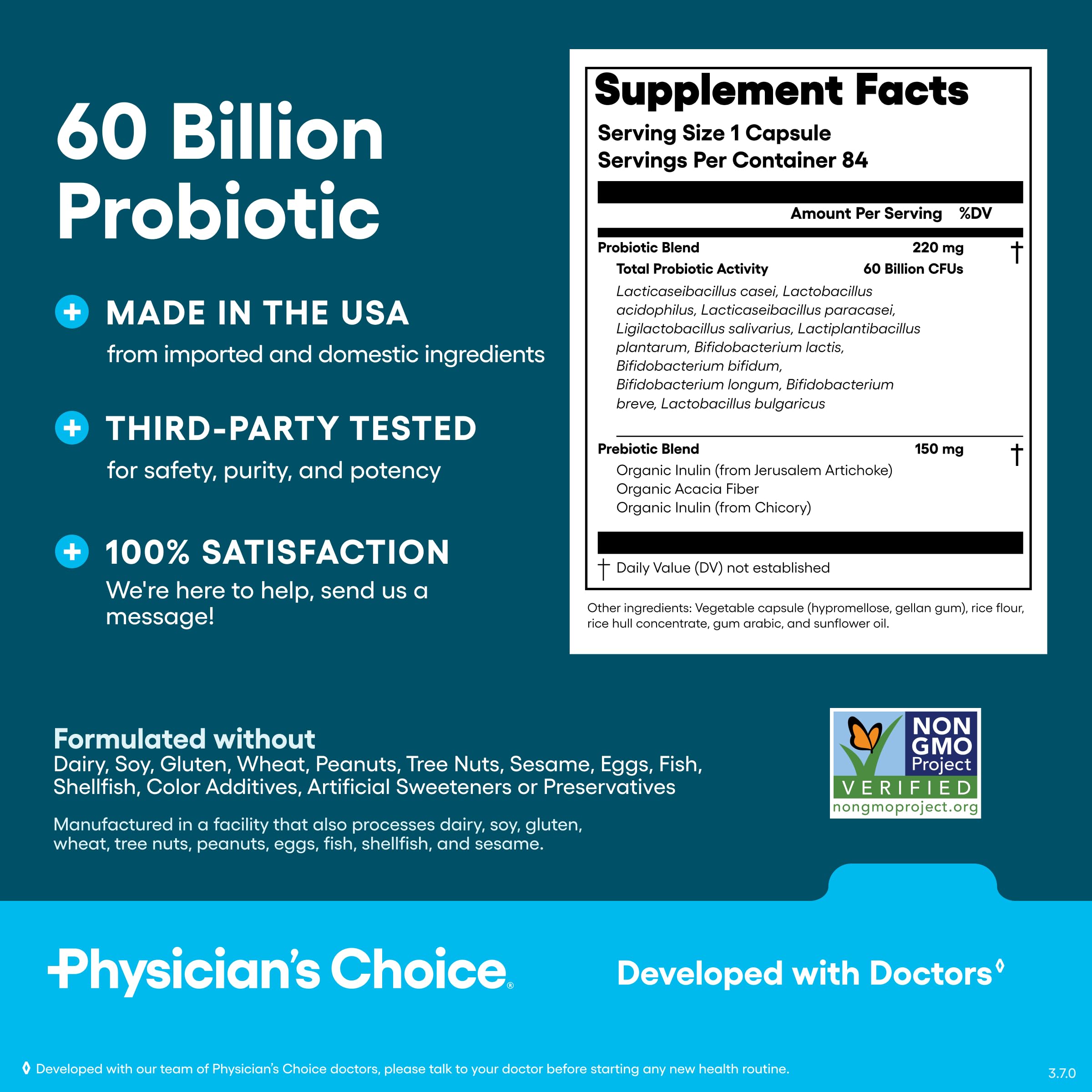 Physician's CHOICE Probiotics 60 Billion CFU supplement with 10 strains and organic prebiotics for gut and immune health, 30 capsules