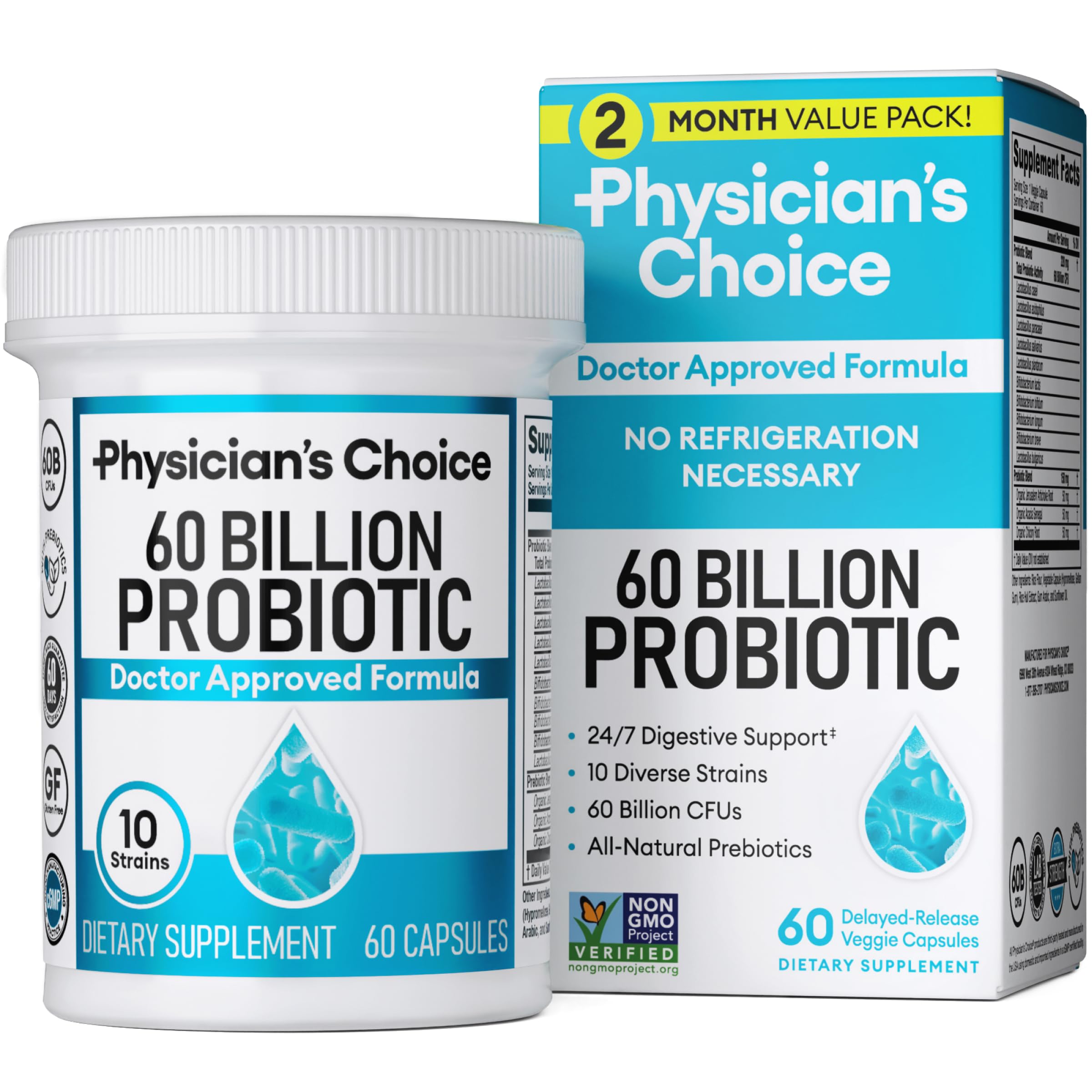 Physician's CHOICE Probiotics 60 Billion CFU bottle with 30 capsules, showing label with probiotic strain details.