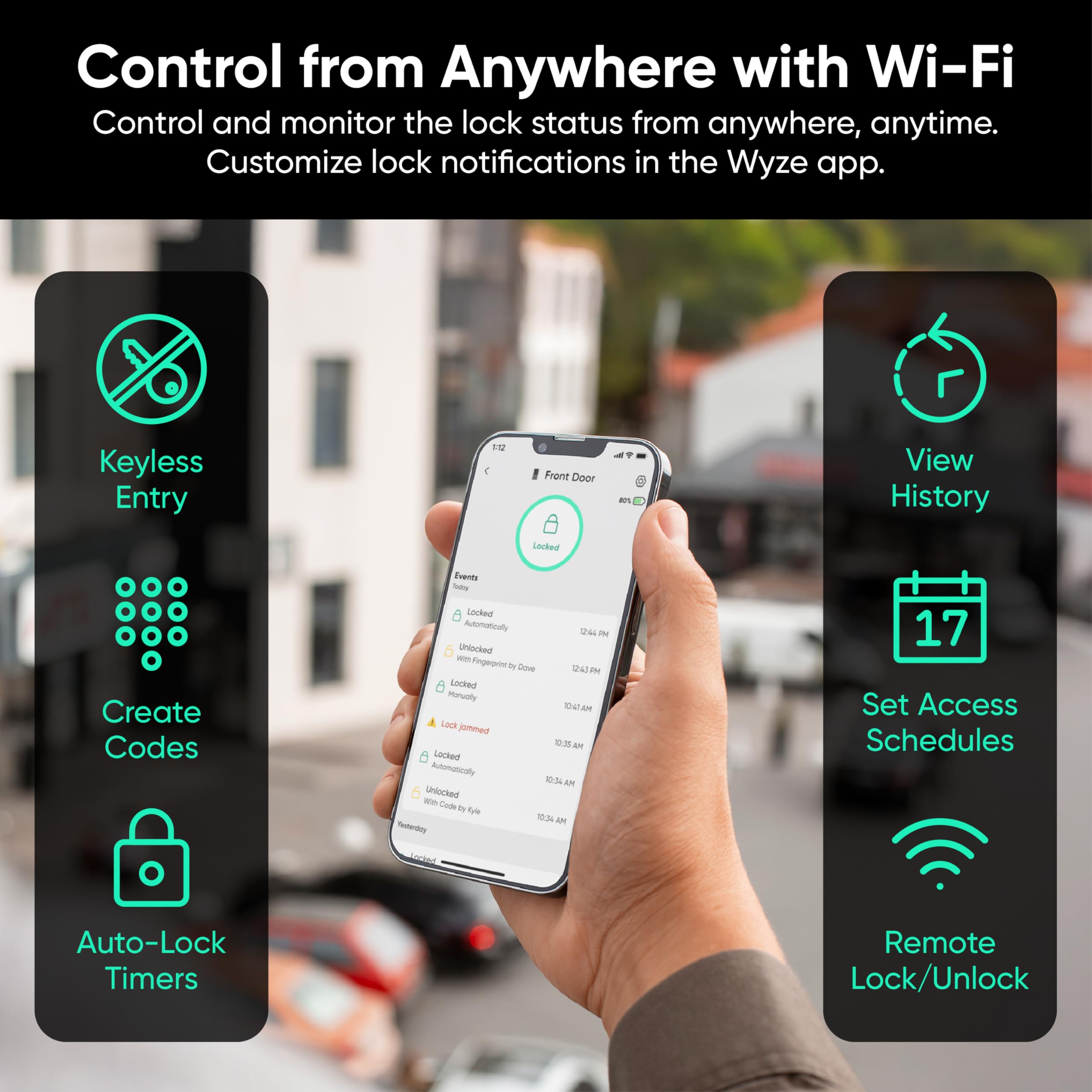 Wyze Palm Lock smart door lock with keypad, biometric palm vein recognition, Wi-Fi, and mechanical key for secure front door access.