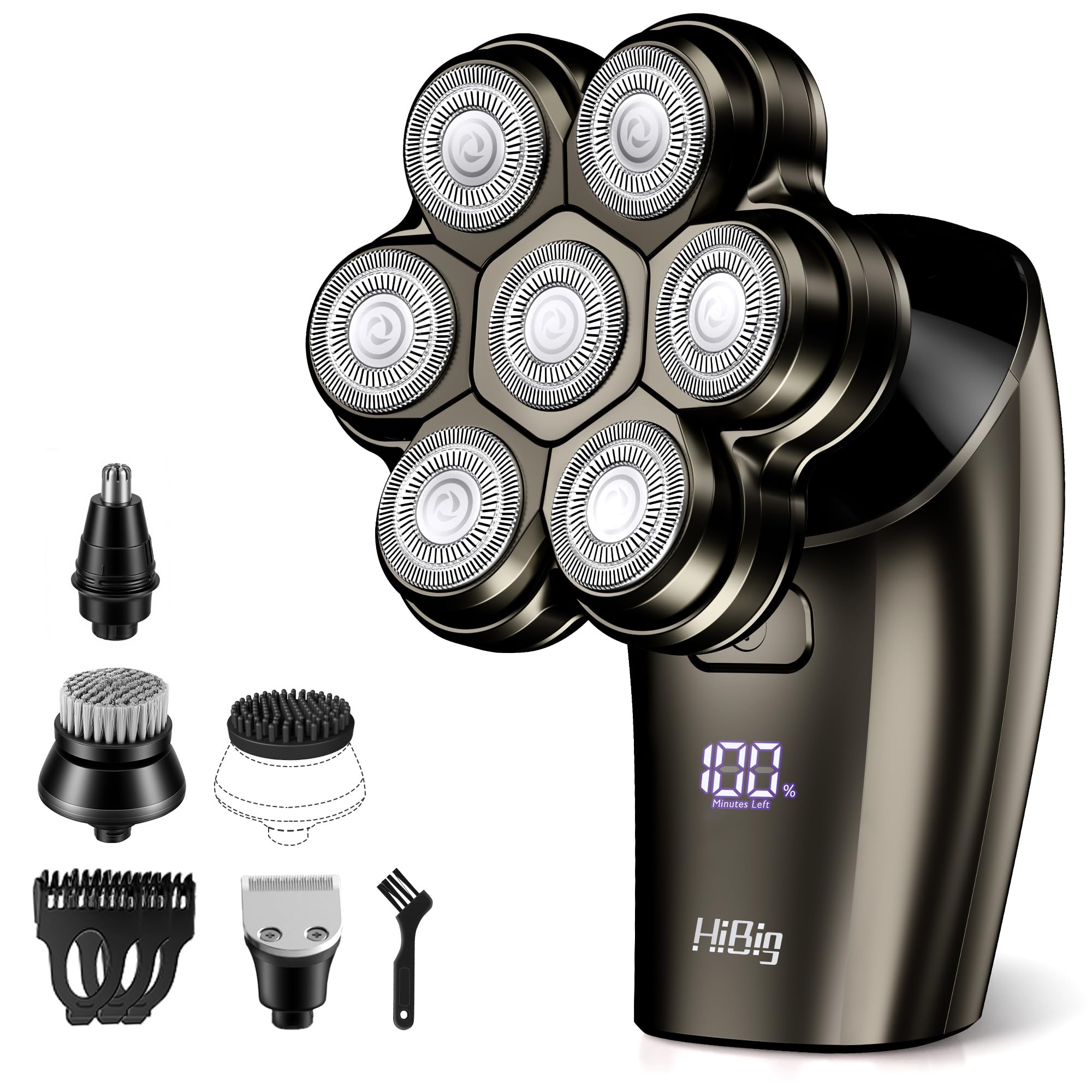 Old World Hub 7D Arc Electric Shaver for Head & Body with waterproof design, LED display, detachable heads, in grey for men.