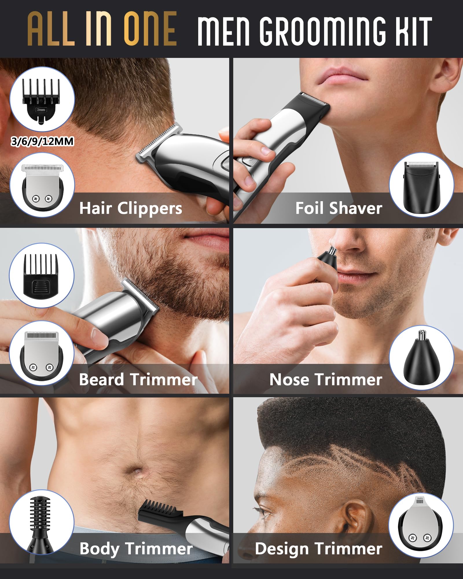 Old World Hub Ufree waterproof beard trimmer with electric razor, nose, body, face, mustache grooming kit for men.