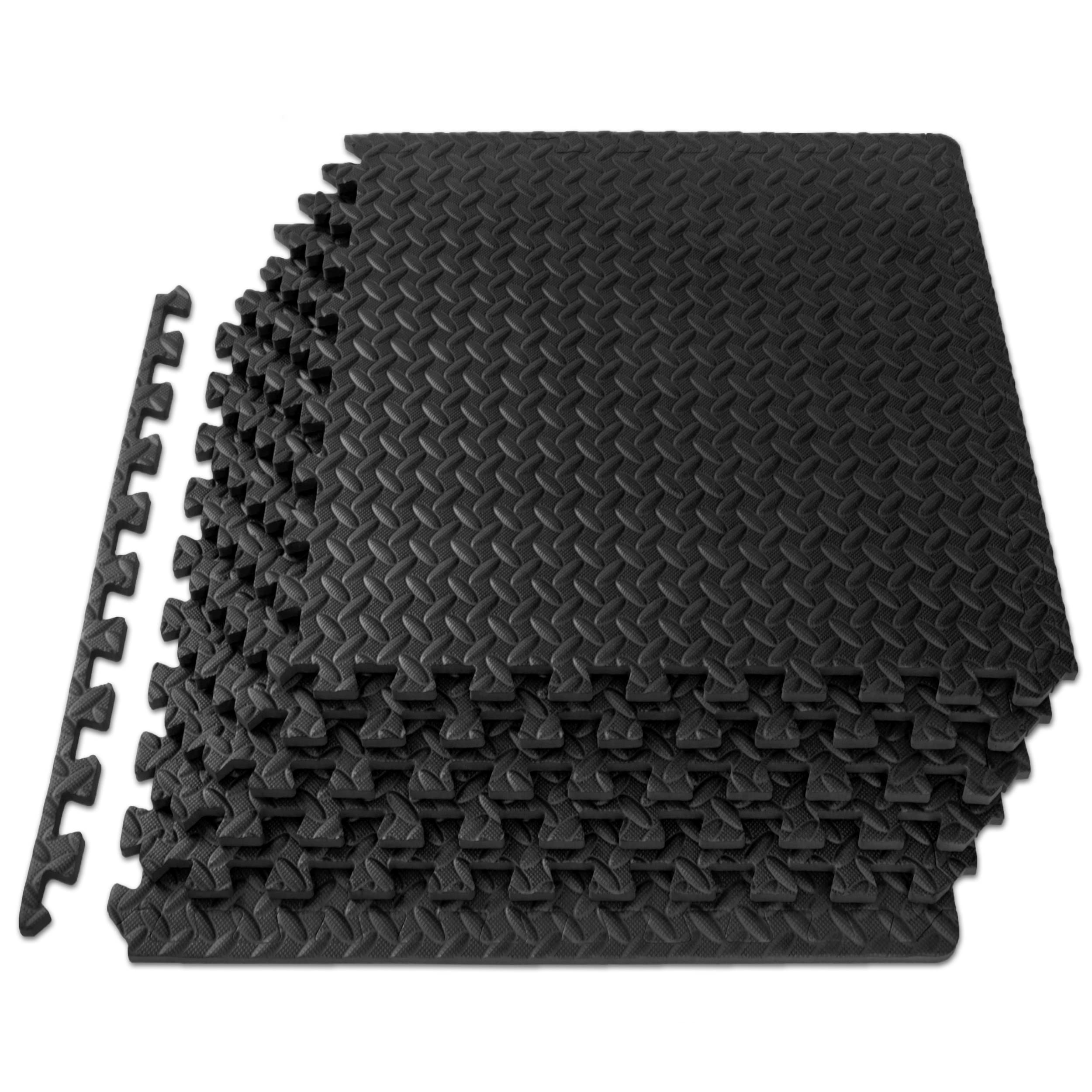 Black ProsourceFit puzzle exercise mat with interlocking foam tiles, 24x24 inches, ½ inch thick for home gym floor padding