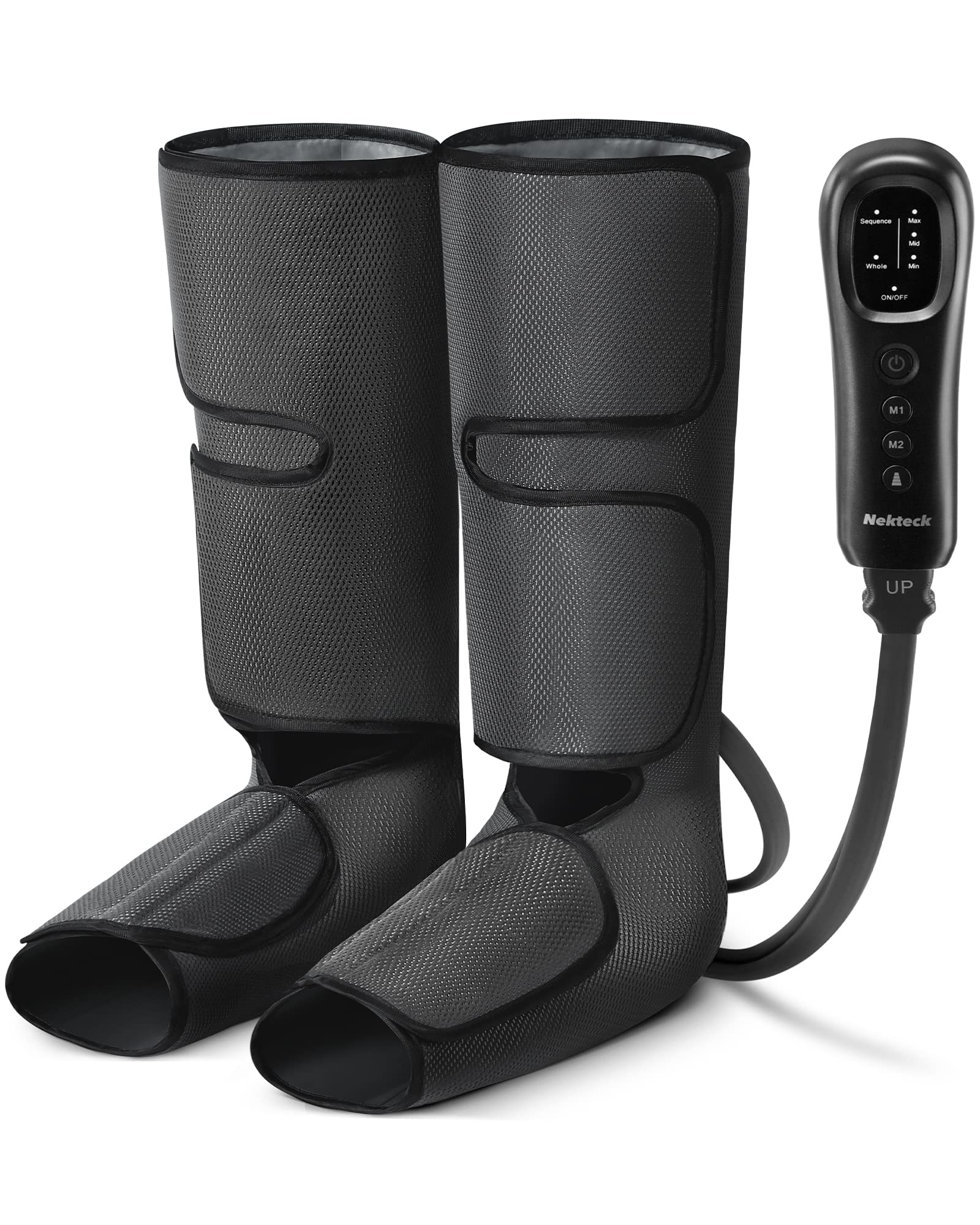 Old World Hub Nekteck leg compression massager with foot and calf wraps, hand-held controller, adjustable modes for circulation and relaxation.