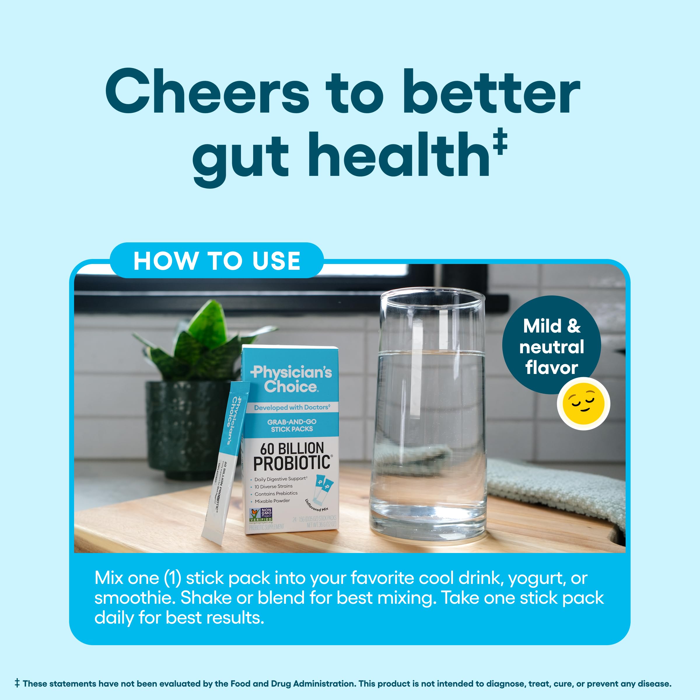 Physician's CHOICE Probiotics 60 Billion CFU with 10 strains and organic prebiotics, supporting immune, digestive, and gut health.