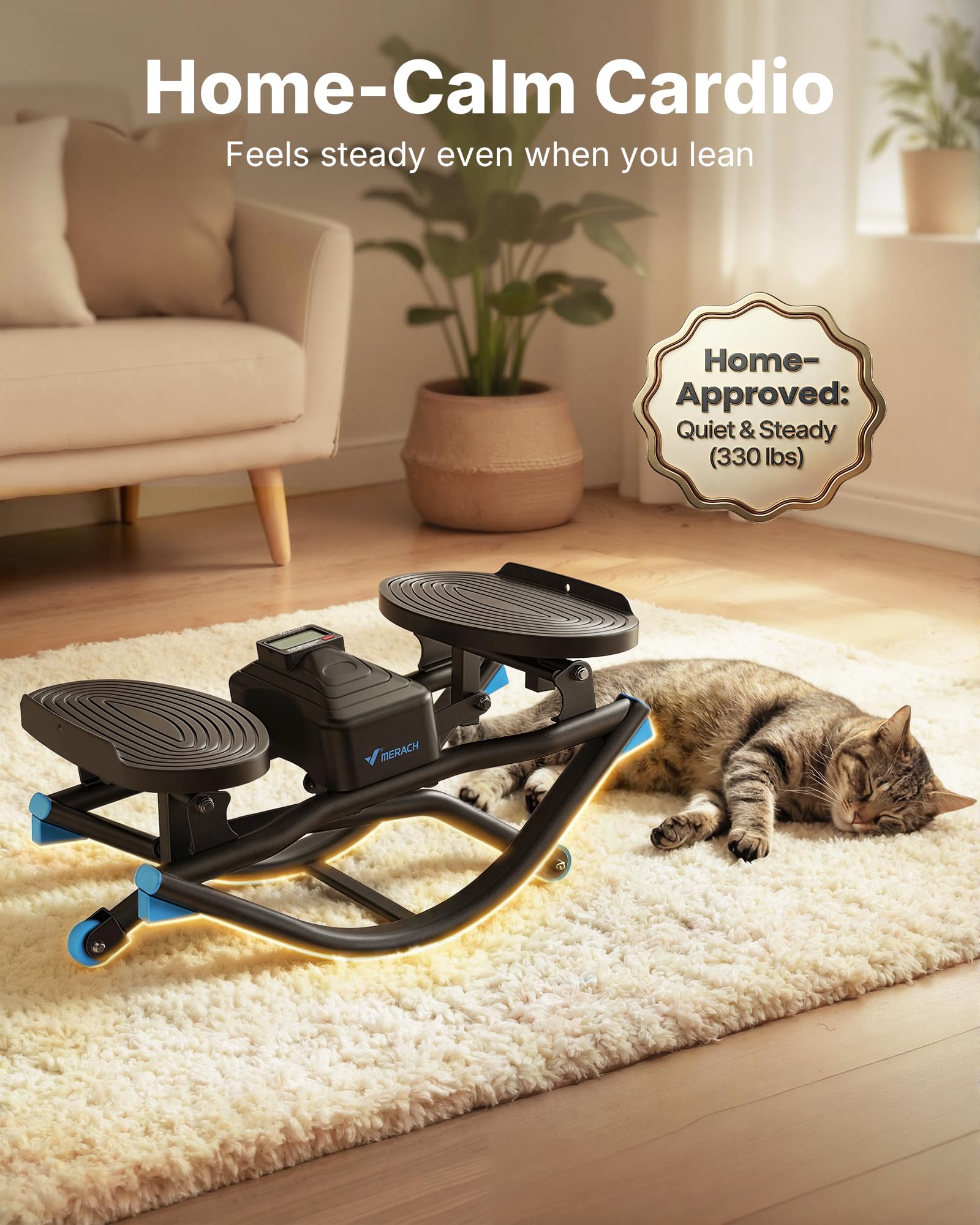 Old World Hub Merach Rocking Steppers for exercise, with resistance bands and balance board, designed for full-body, low-impact workouts.