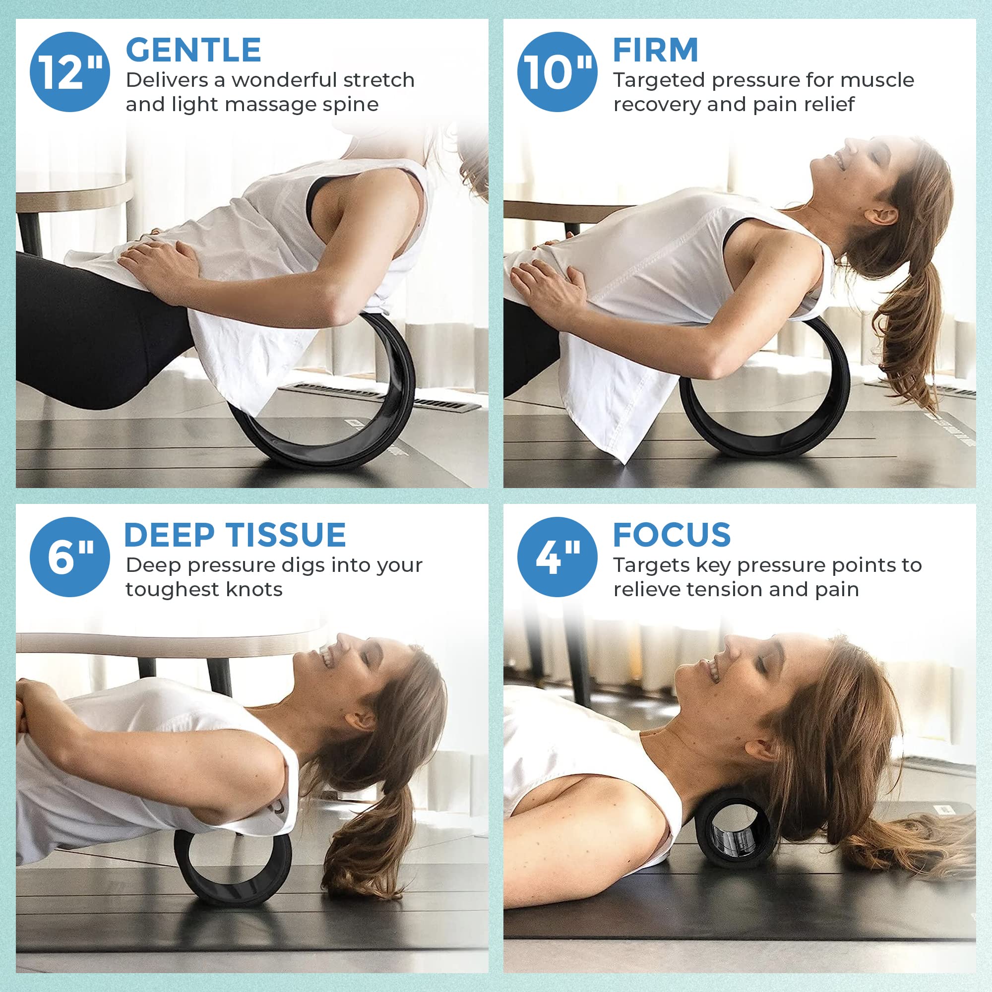 Mint green Chirp Wheel foam roller by Old World Hub for back and neck pain relief, muscle massage, and stretching exercises.