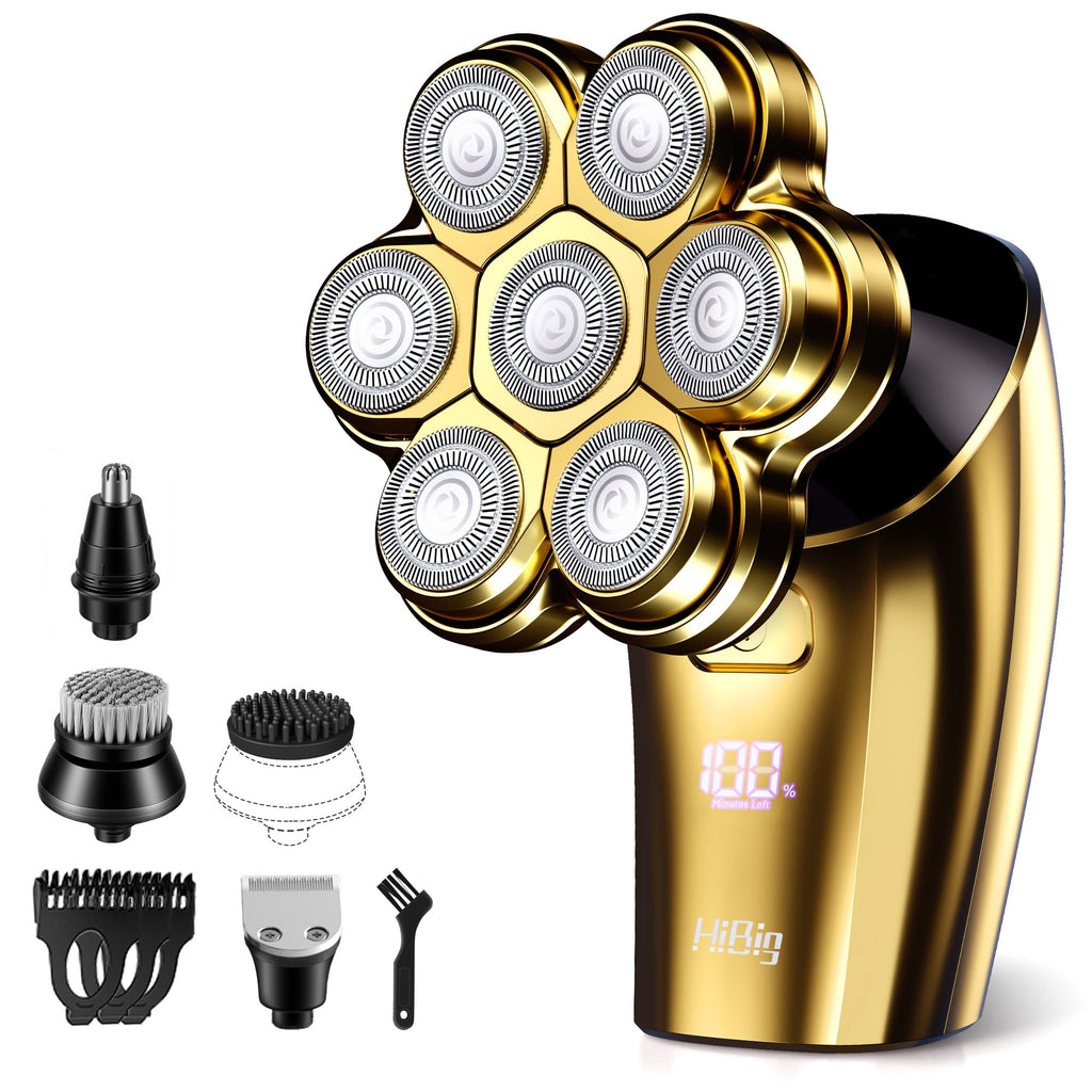 Old World Hub 7D Arc Electric Shaver for head and body with waterproof design, LED display, and detachable heads in grey.