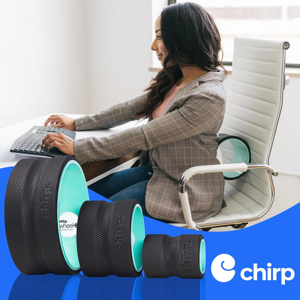 Mint Chirp Wheel Foam Roller by Old World Hub for back and neck pain relief, muscle massage, and trigger point therapy.