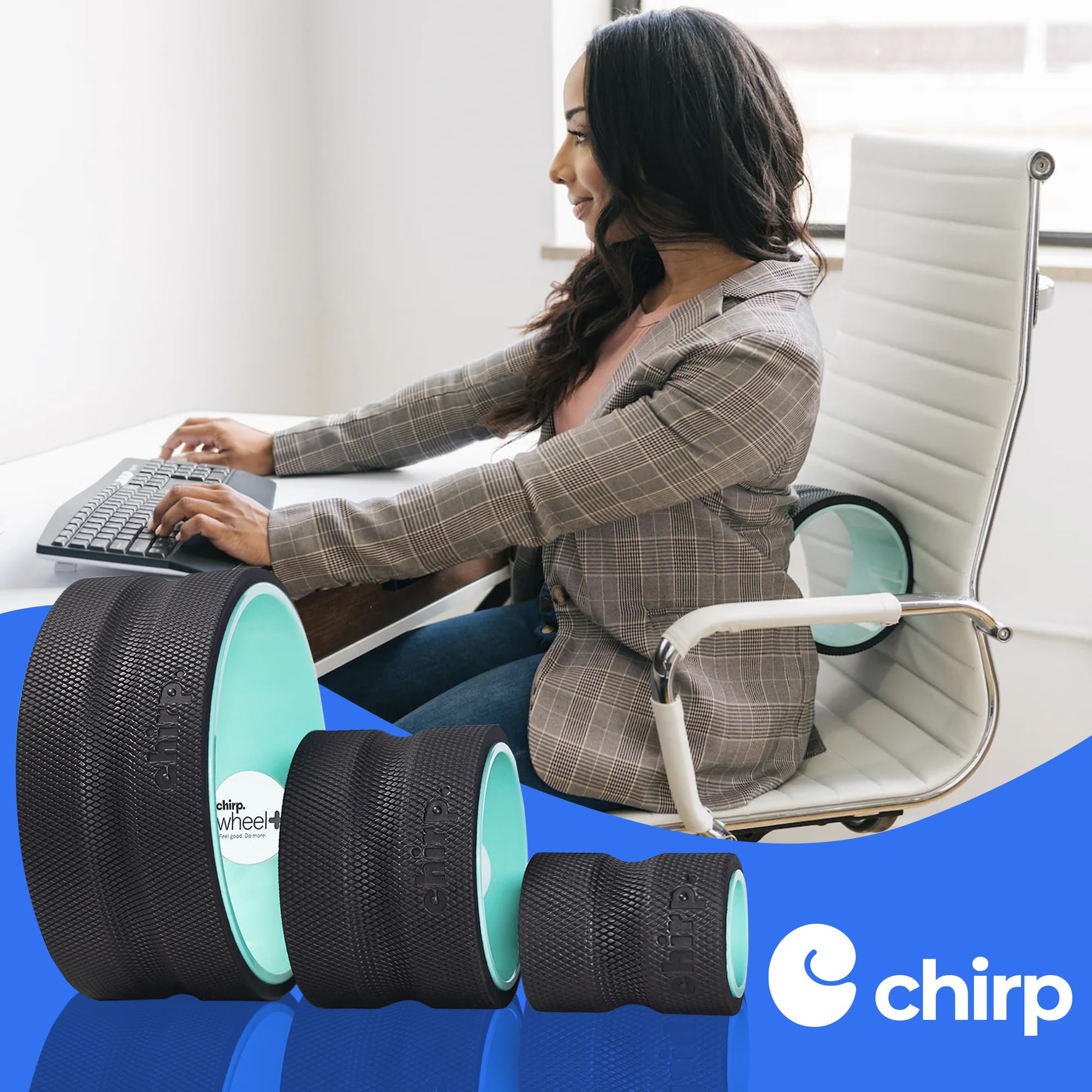 Mint Chirp Wheel Foam Roller by Old World Hub for back and neck pain relief, muscle massage, and trigger point therapy.