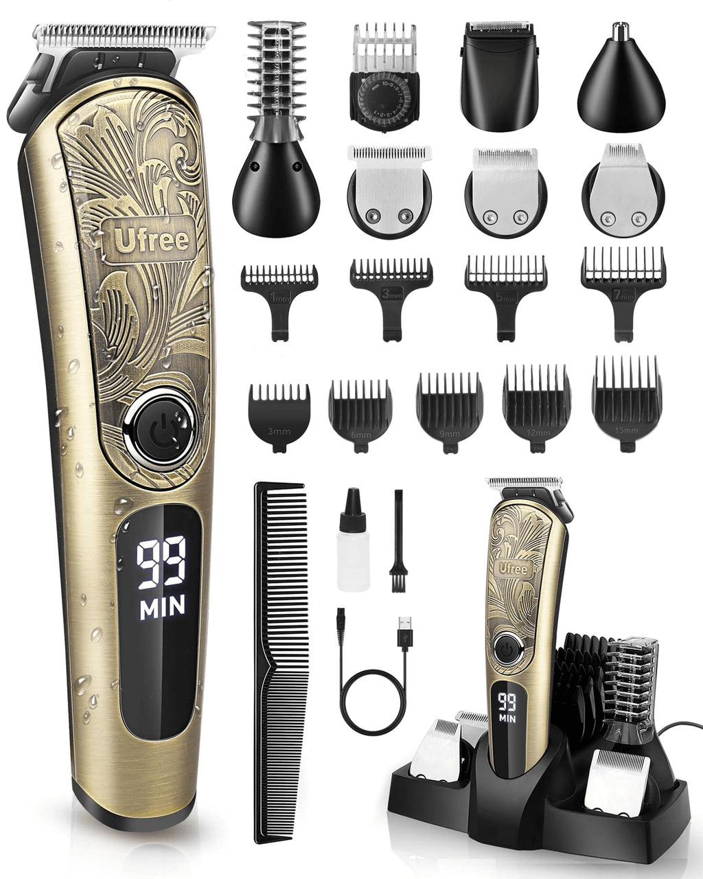 Old World Hub Ufree waterproof beard trimmer for men with electric nose, face, body, and mustache grooming, cordless shaver kit.