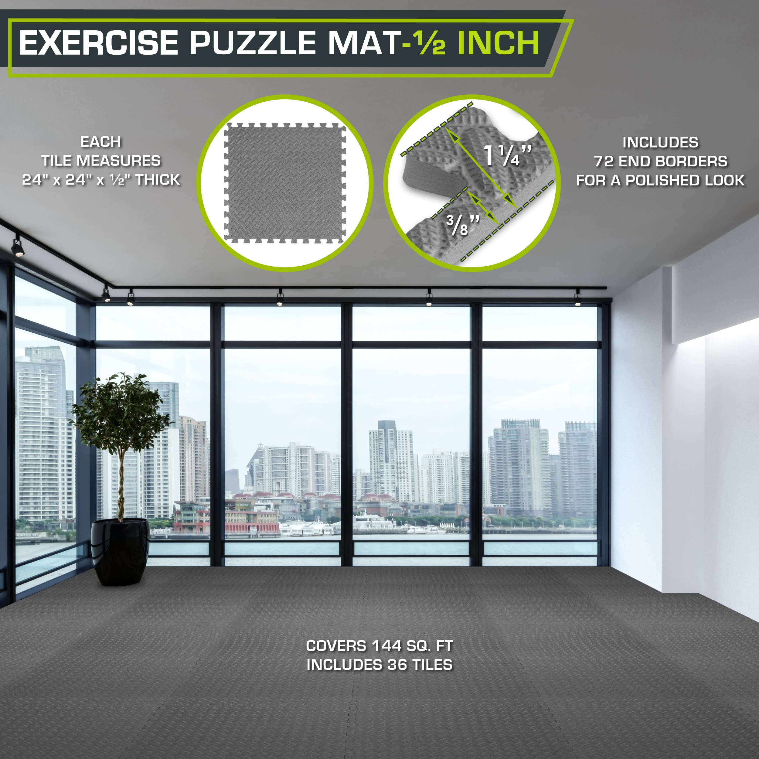 Black ProsourceFit EVA puzzle exercise mat tiles, 24x24 inches, interlocking foam flooring for home gyms and kids' play areas.