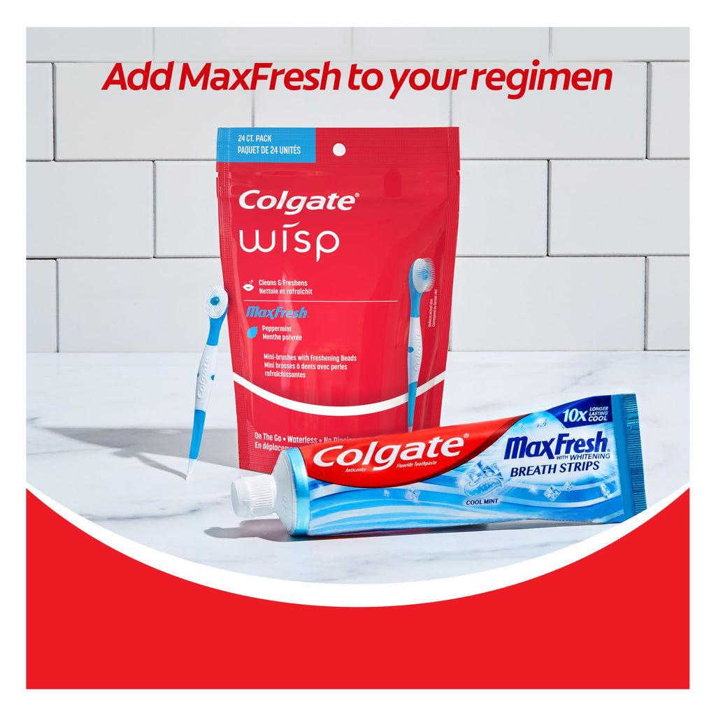 Set of four packs of Colgate Max Fresh Wisp disposable mini travel toothbrushes with peppermint flavor, 24 brushes per pack.