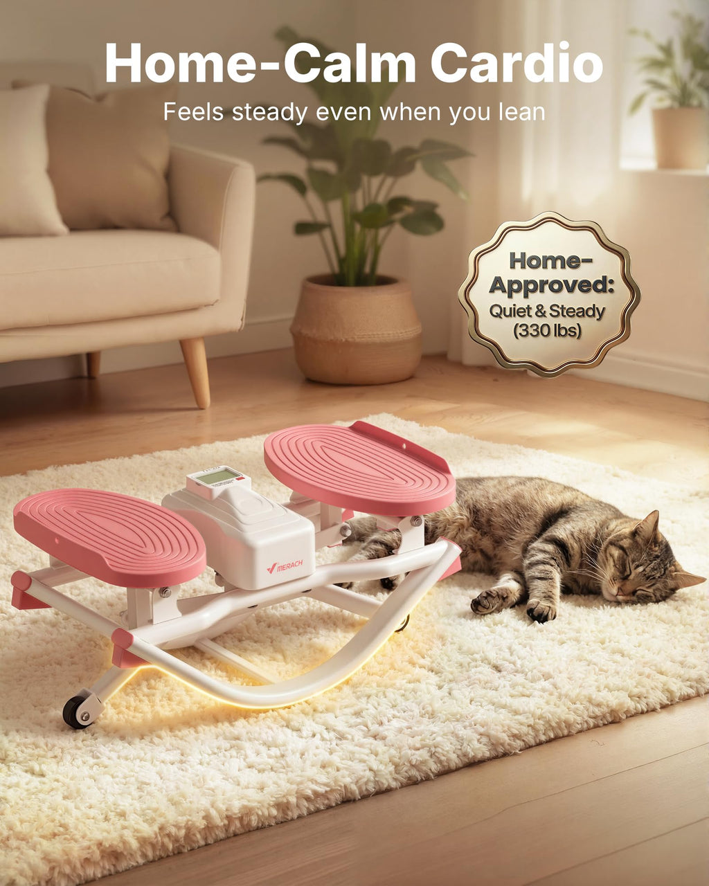 Old World Hub Merach Rocking Steppers for exercise, with resistance bands and balance board, supports full body workouts and 330 lbs capacity.
