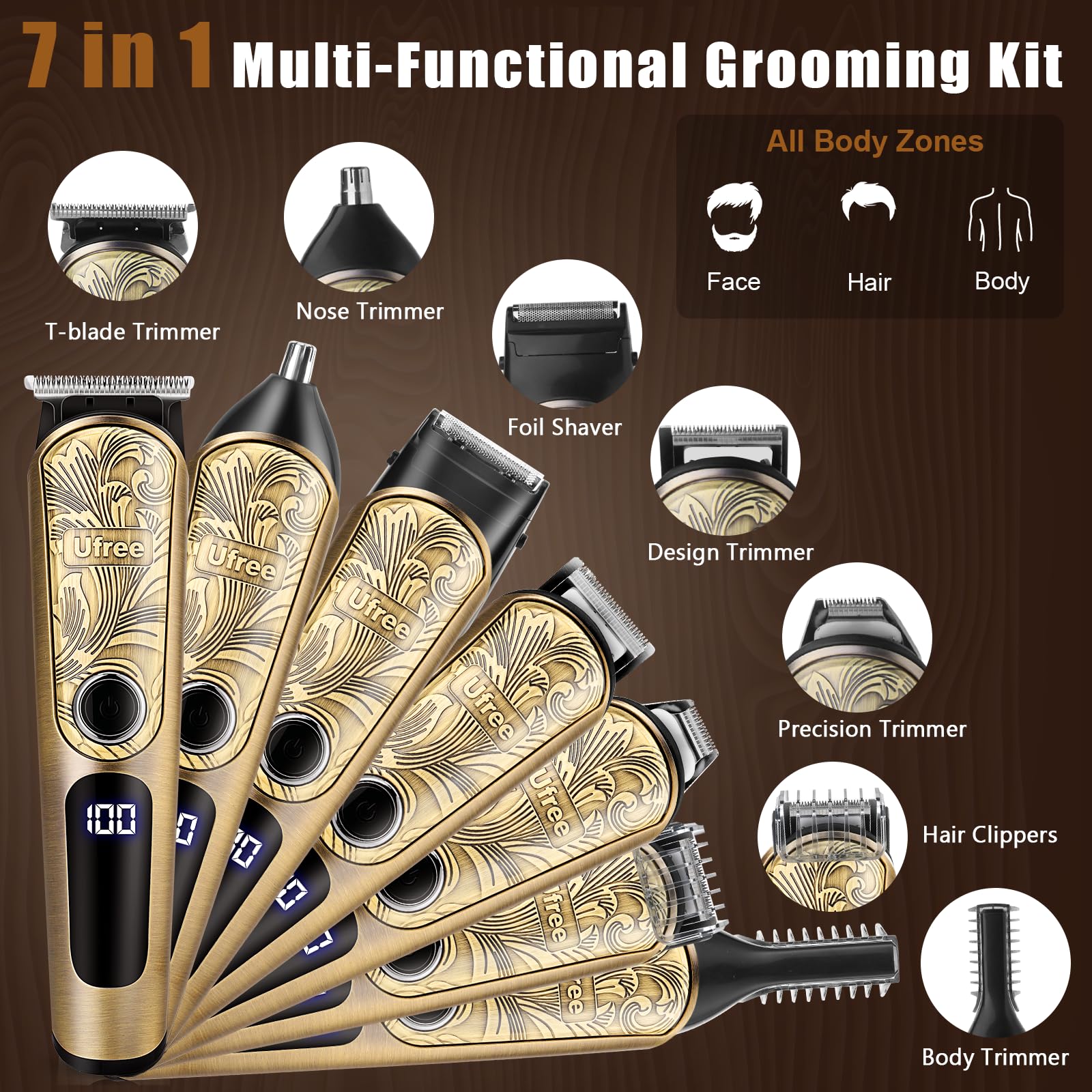 Old World Hub Ufree waterproof beard trimmer with cordless electric razor for face, nose, body, and mustache grooming.