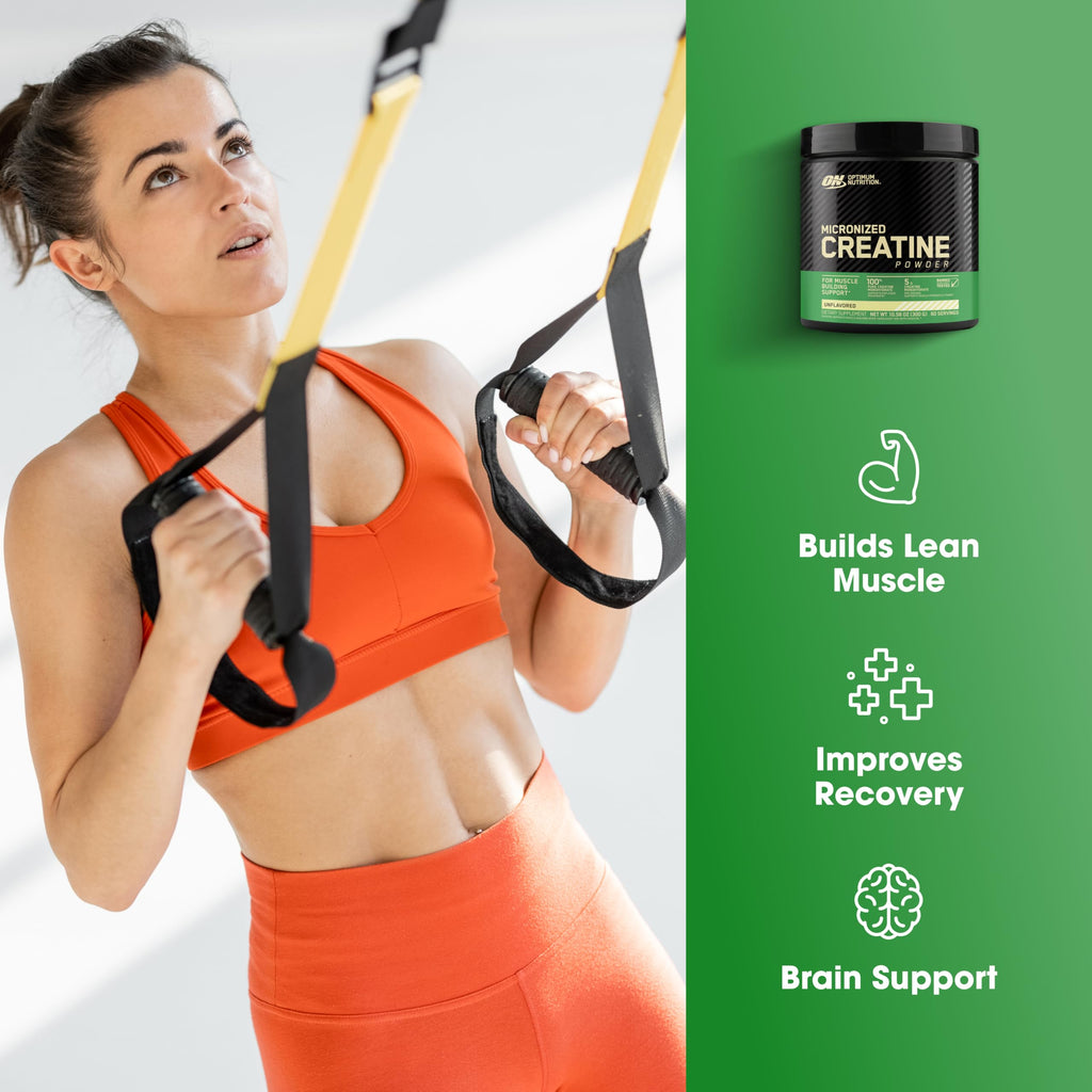 Optimum Nutrition Micronized Creatine Monohydrate powder in unflavored form, 300g, with 60 servings, displayed in a clear container.