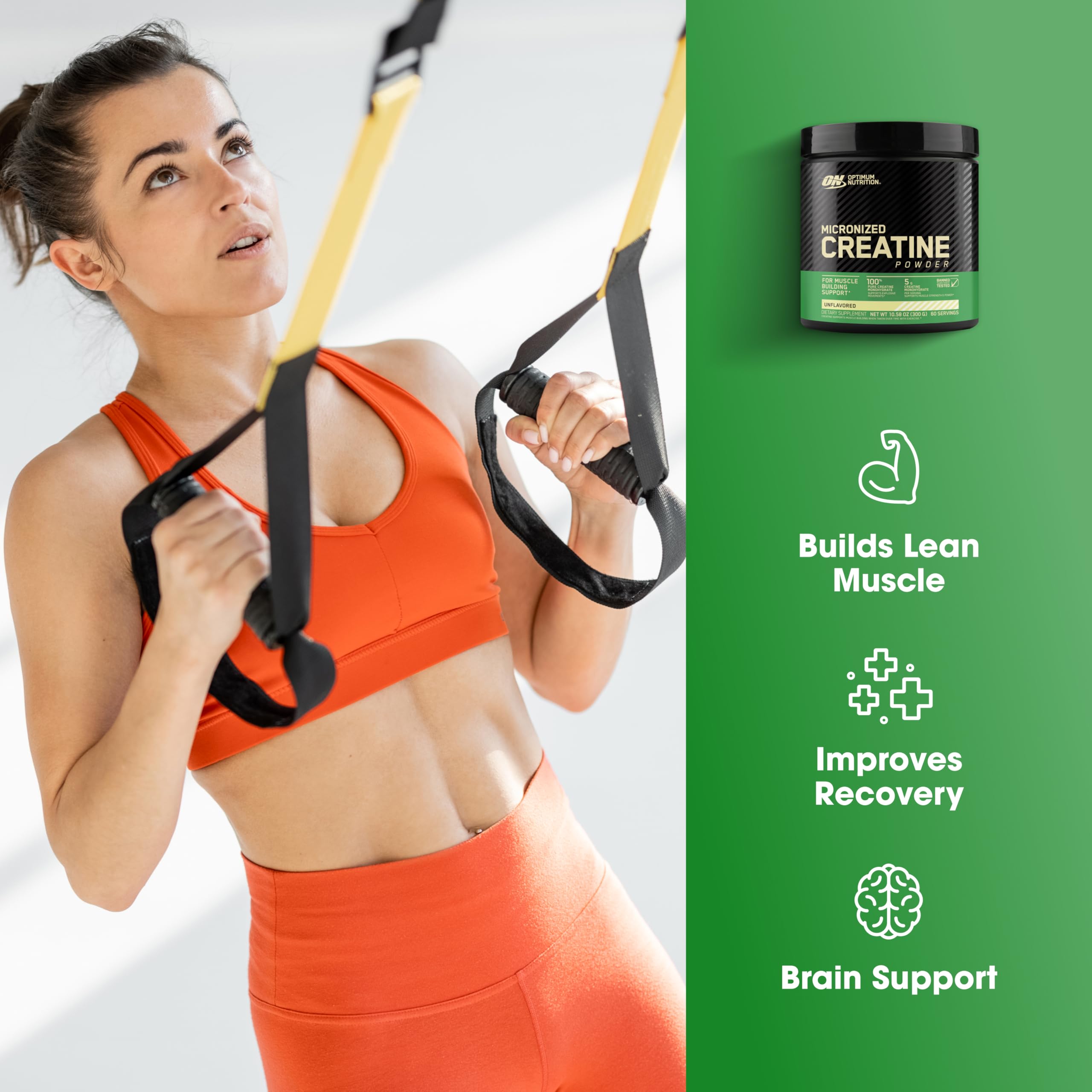 Optimum Nutrition Micronized Creatine Monohydrate powder in unflavored form, 300g, with 60 servings, displayed in a clear container.