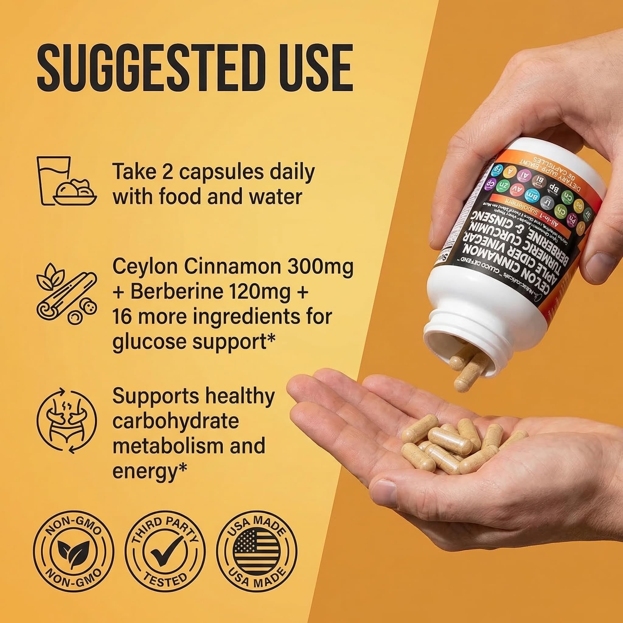 Old World Hub Ceylon Cinnamon Capsules with Berberine, Turmeric, Apple Cider Vinegar, Ginseng, and Milk Thistle supplement pills.