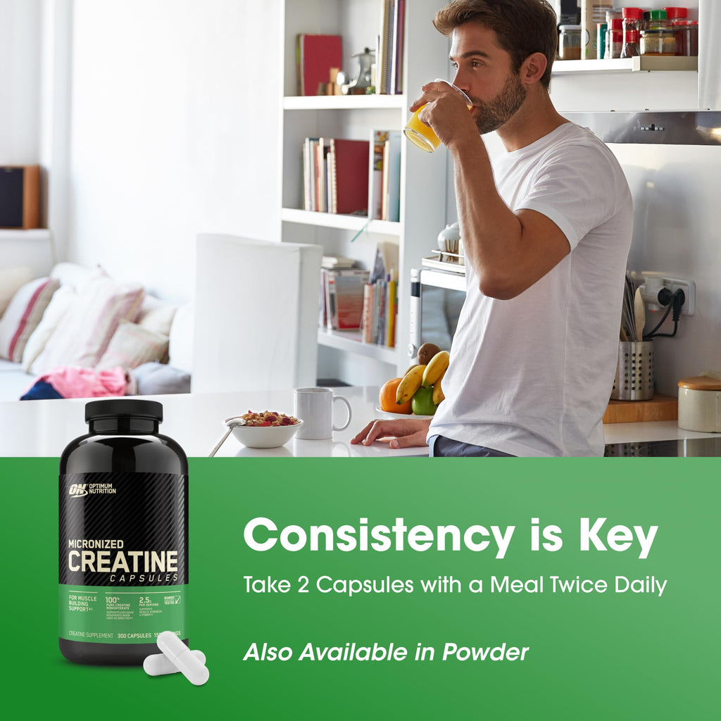 Optimum Nutrition Micronized Creatine Monohydrate Powder in unflavored form, 300g, 60 servings, shown in packaging