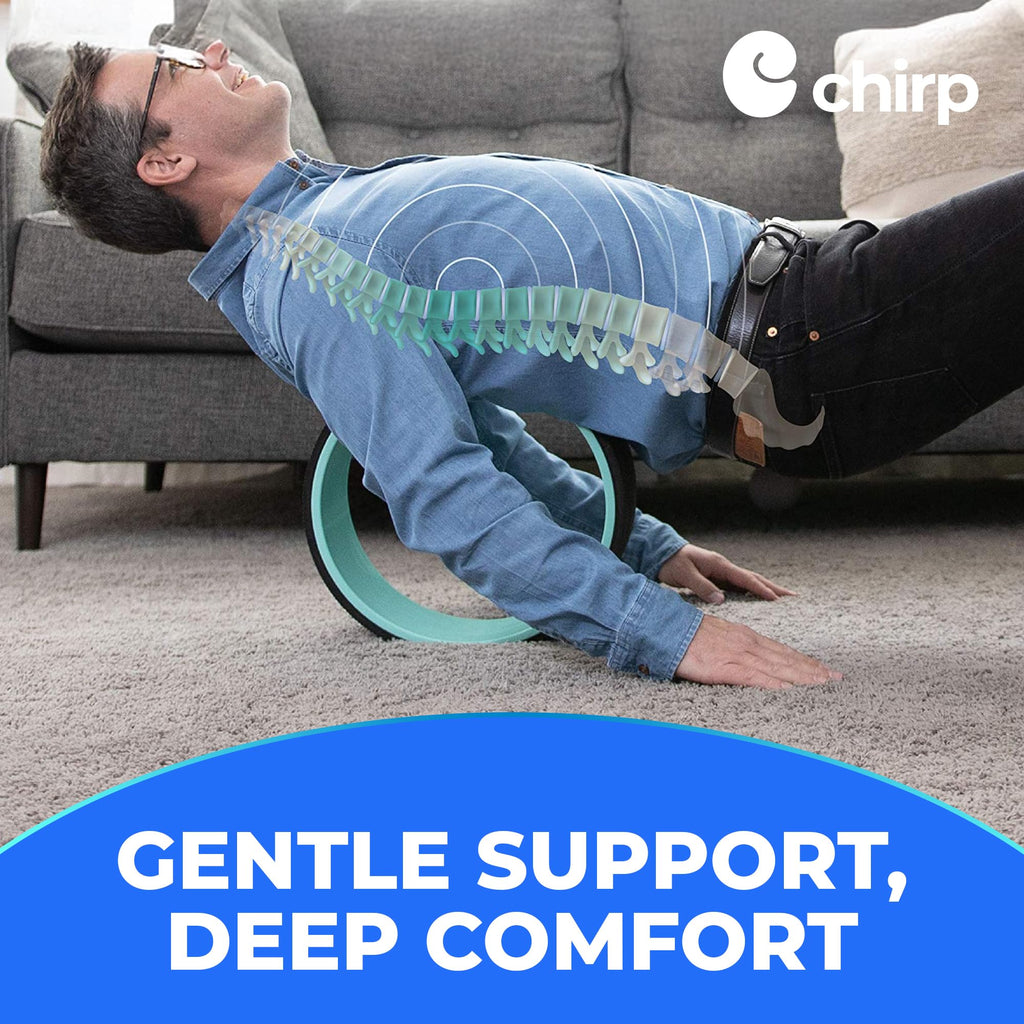 Mint green Chirp Wheel foam roller by Old World Hub, 10-inch high-density foam for back, neck pain relief, muscle massage, and stretching.