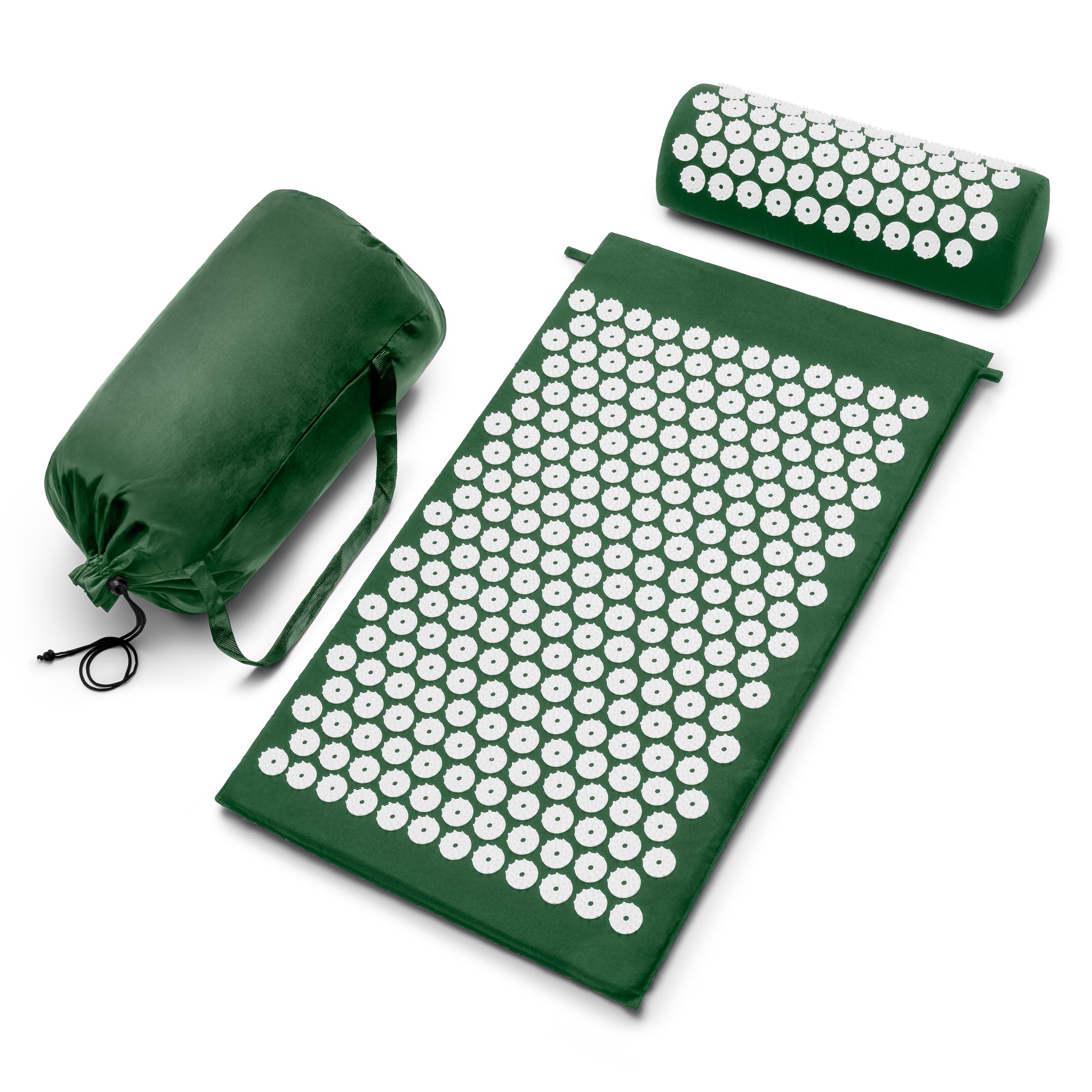 Green Sivan acupressure mat and pillow set by Old World Hub for back, neck, and sciatic pain relief and stress reduction.