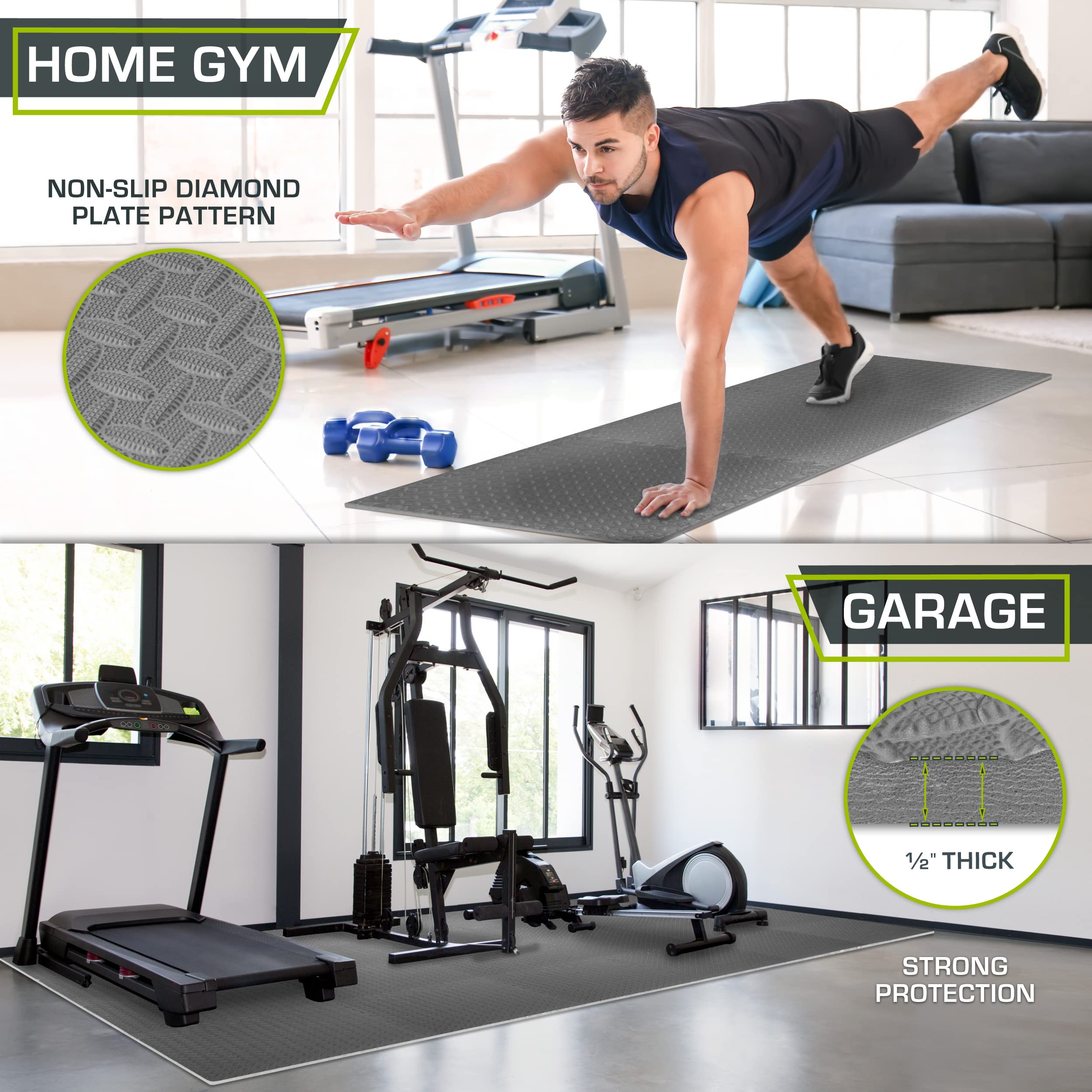 Black ProsourceFit EVA puzzle exercise mat with interlocking foam tiles for home gym, 24x24 inches, ½ inch thick, 12 tiles.