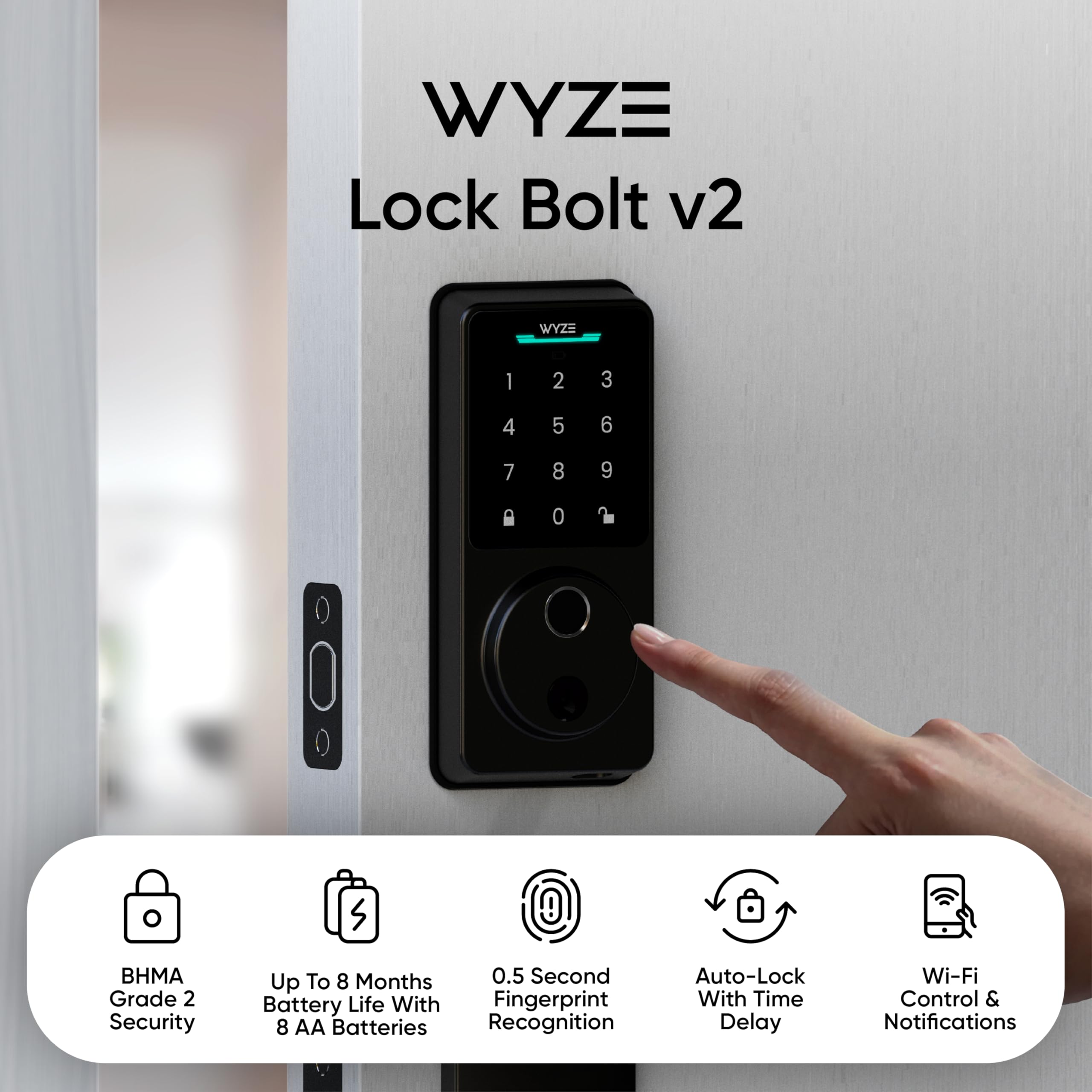 Old World Hub Wyze Palm Lock with keypad, Wi-Fi, and dual batteries, featuring palm vein recognition for keyless front door entry.
