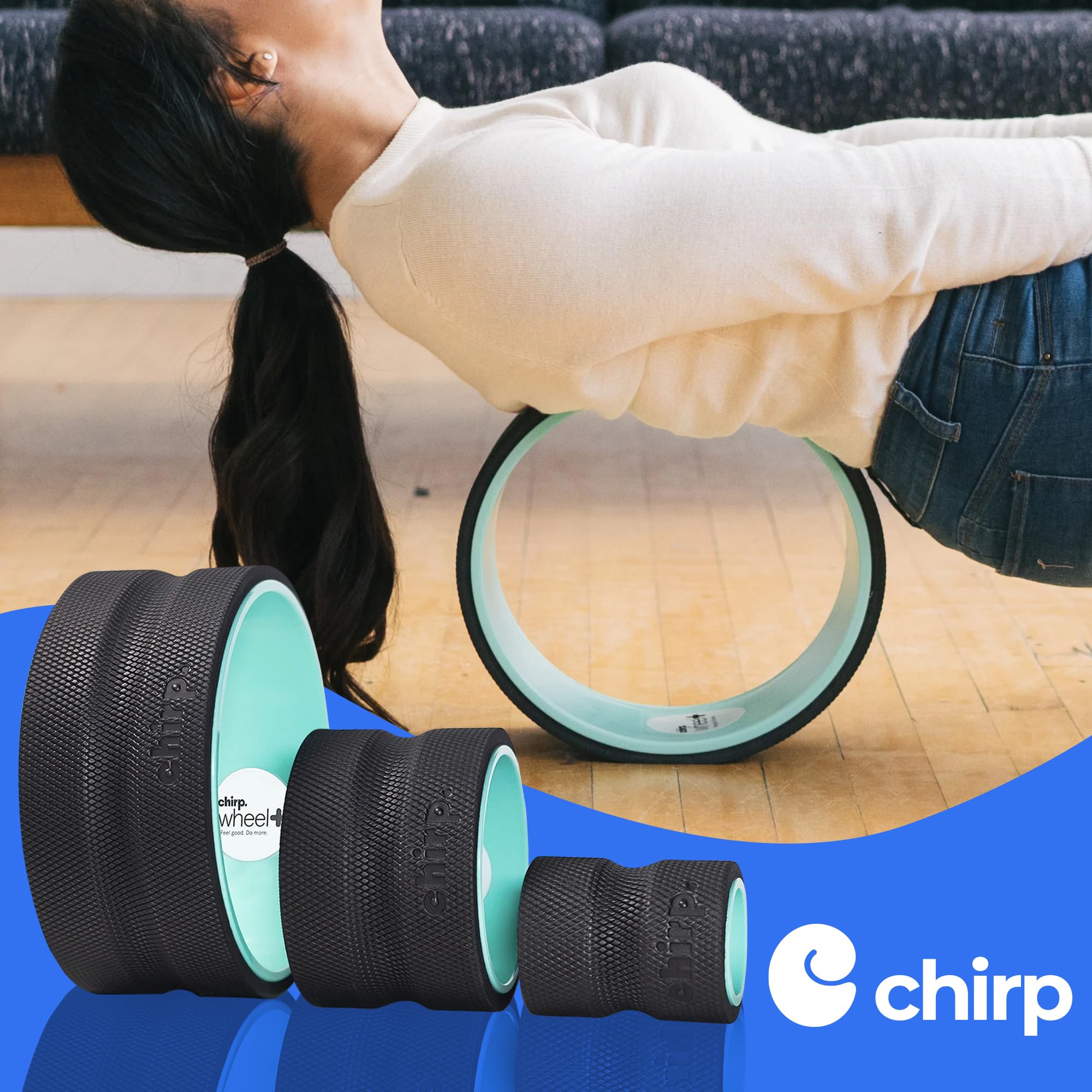 Mint Chirp Wheel foam roller by Old World Hub for back and neck pain relief, muscle massage, and stretching therapy.