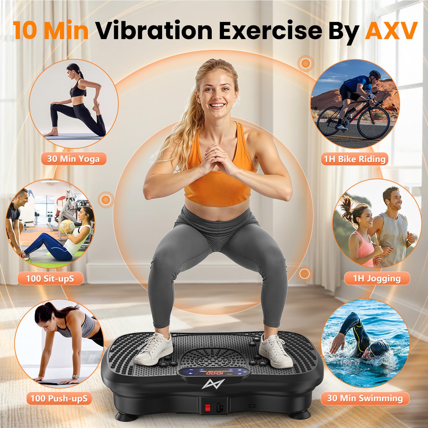 Old World Hub AXV vibration plate fitness machine for full-body workouts, shaking platform for weight loss and muscle toning.