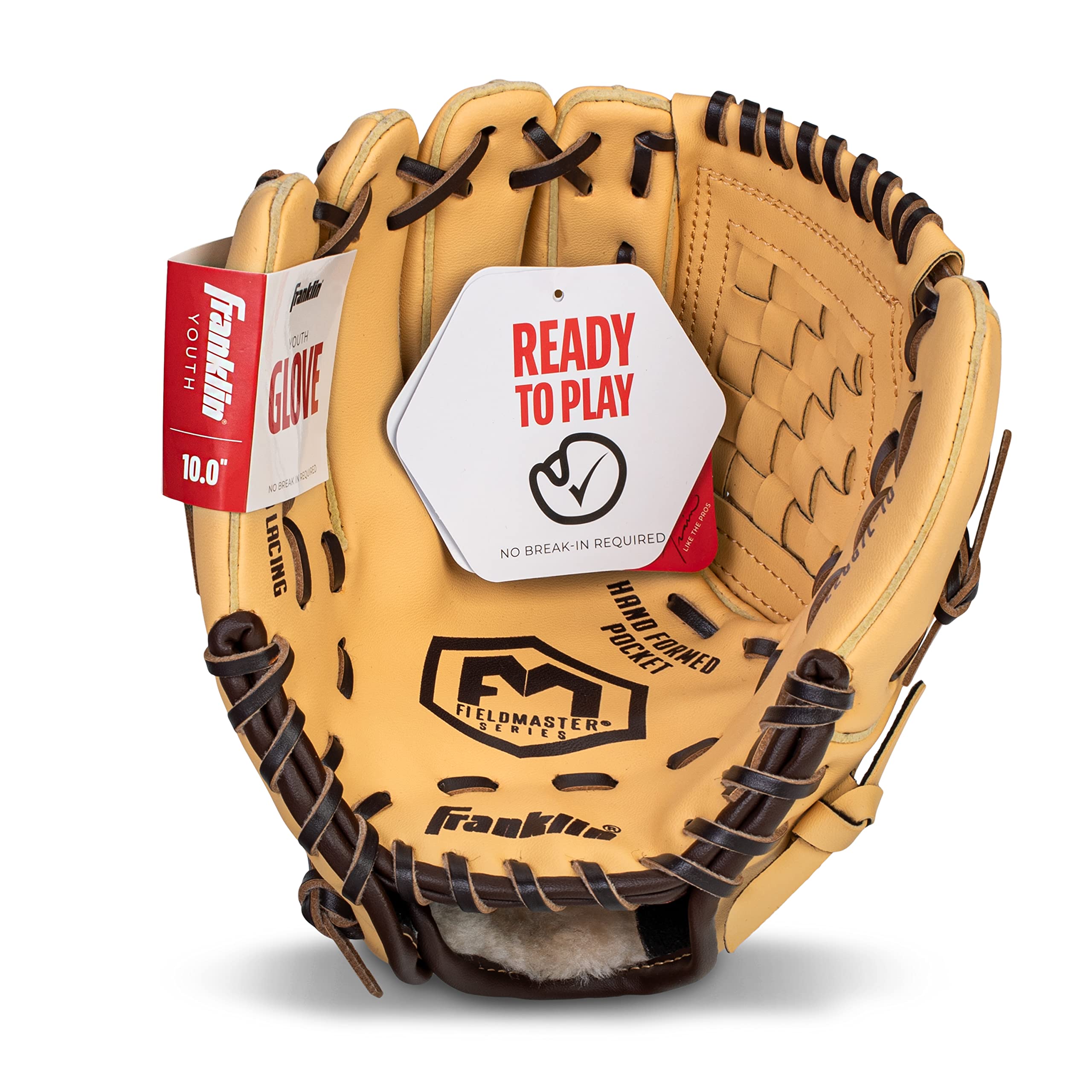 Franklin Sports Field Master baseball and softball glove for men and women, right-hand throw, in black with leather detailing.